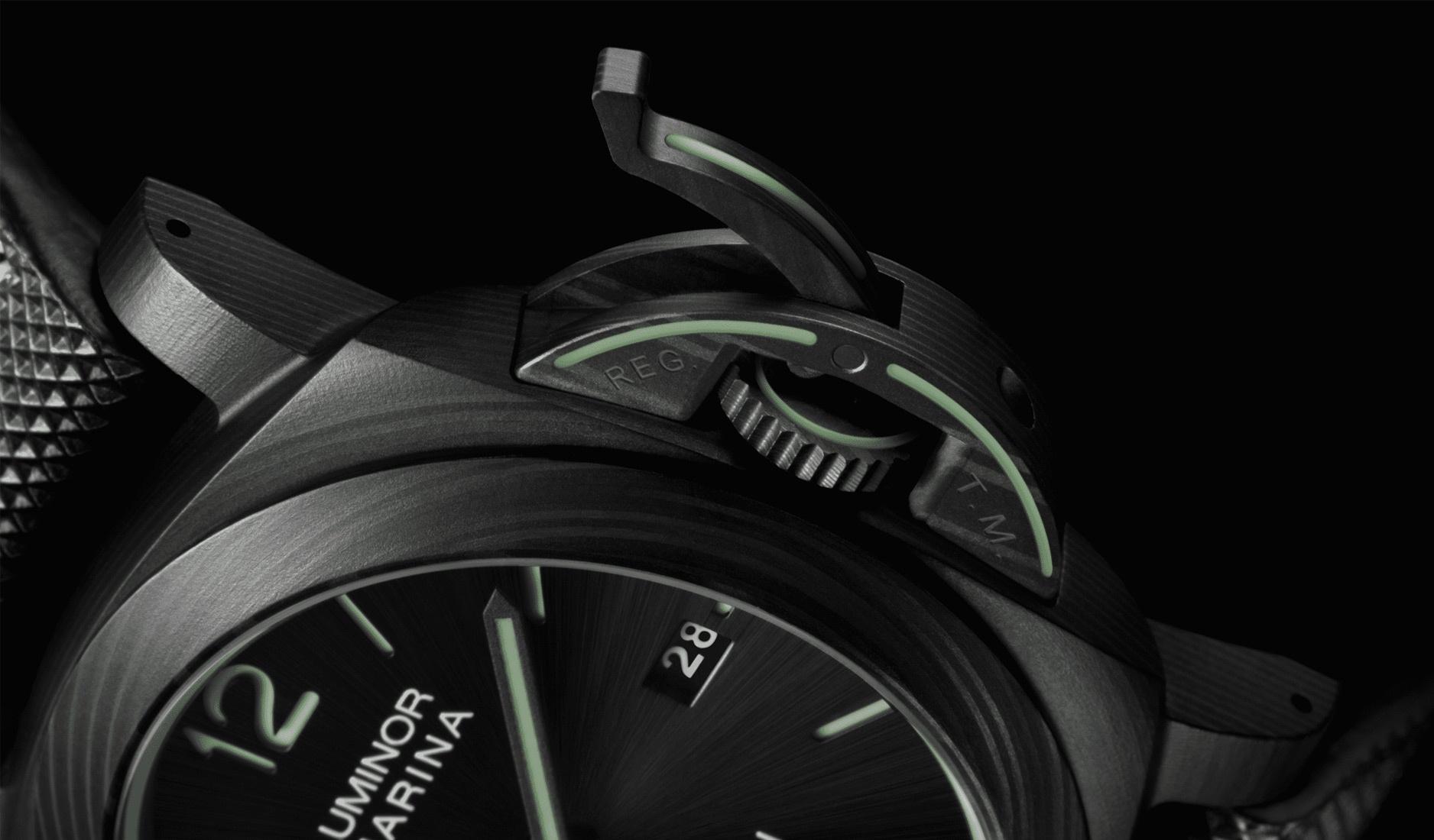 Panerai Luminor Marina Carbotech with a case comprising carbon fibre sheets that are fused under high pressure and fortified with an advanced polymer