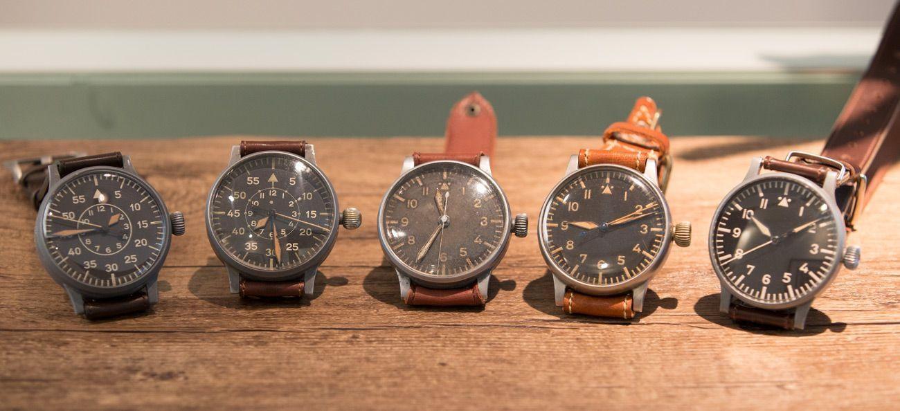 An amazing array of 1940s vintage pilot’s watches on display from brands like (from left) Laco, Stowa, A. Lange & Söhne and Wempe. 