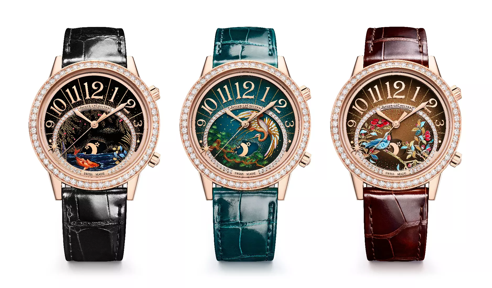 The three Jaeger-LeCoultre Rendez-Vous Sonatina 'Peaceful Nature' models.