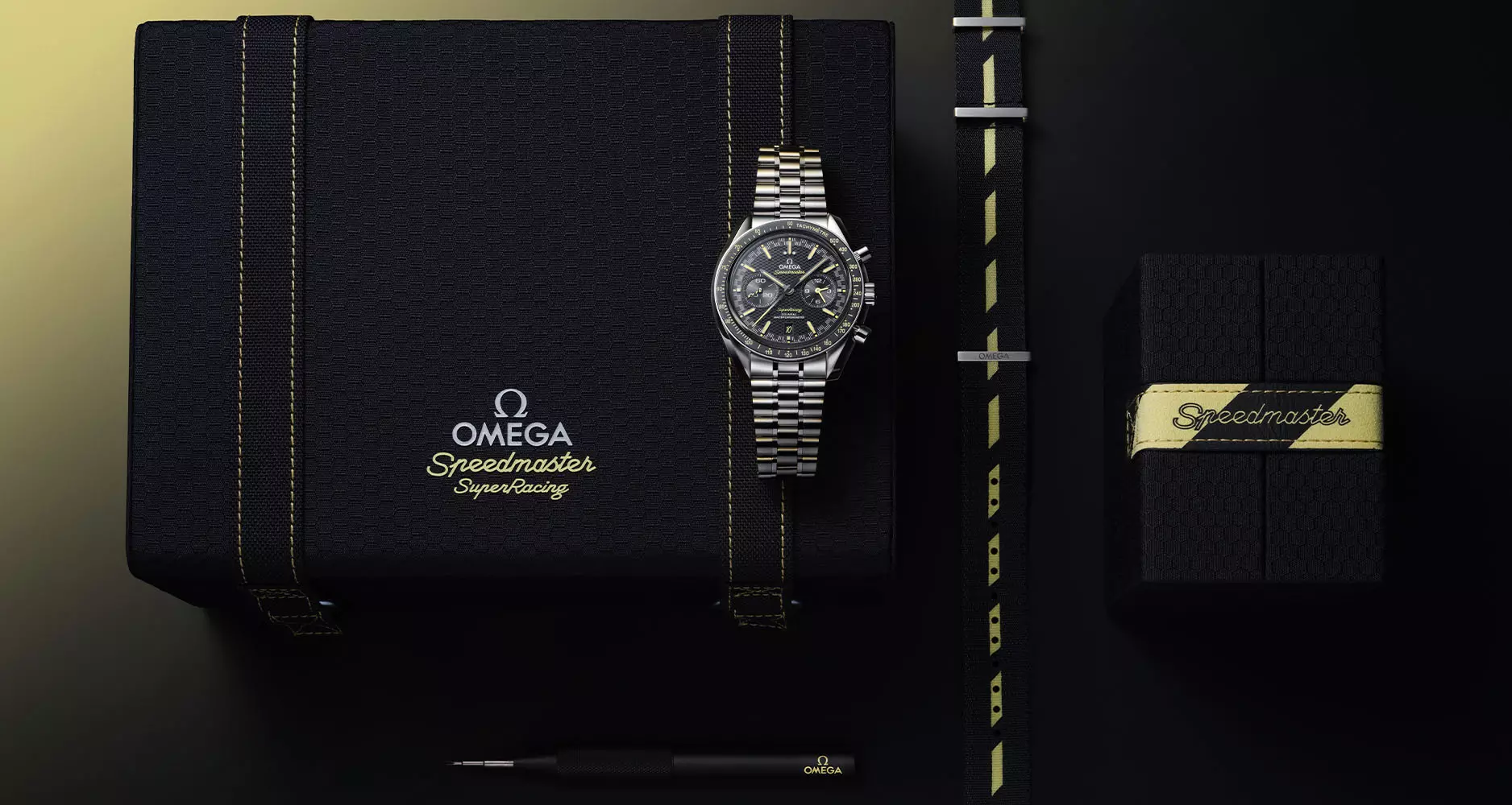 The Omega Speedmaster Super Racing with presentation box, NATO strap and strap changing tool.