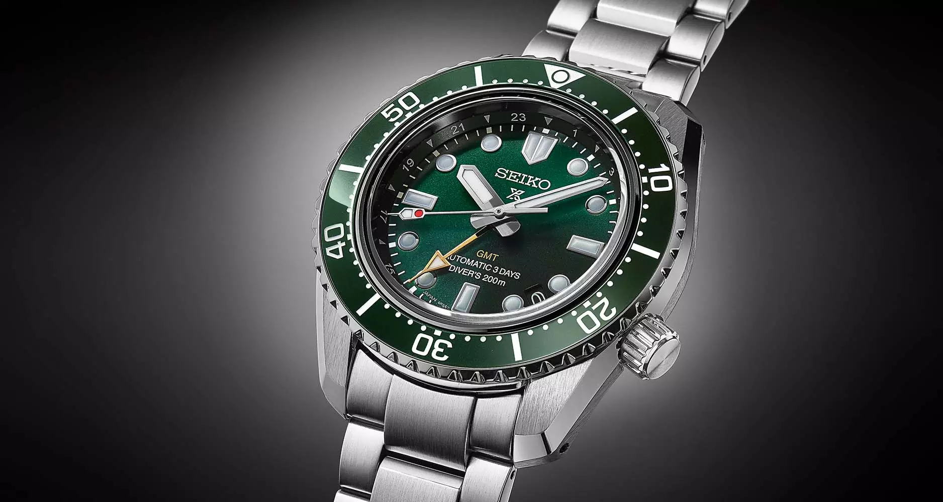 The Seiko Prospex 1968 Diver's Modern Re-interpretation GMT SPB381 with green dial.