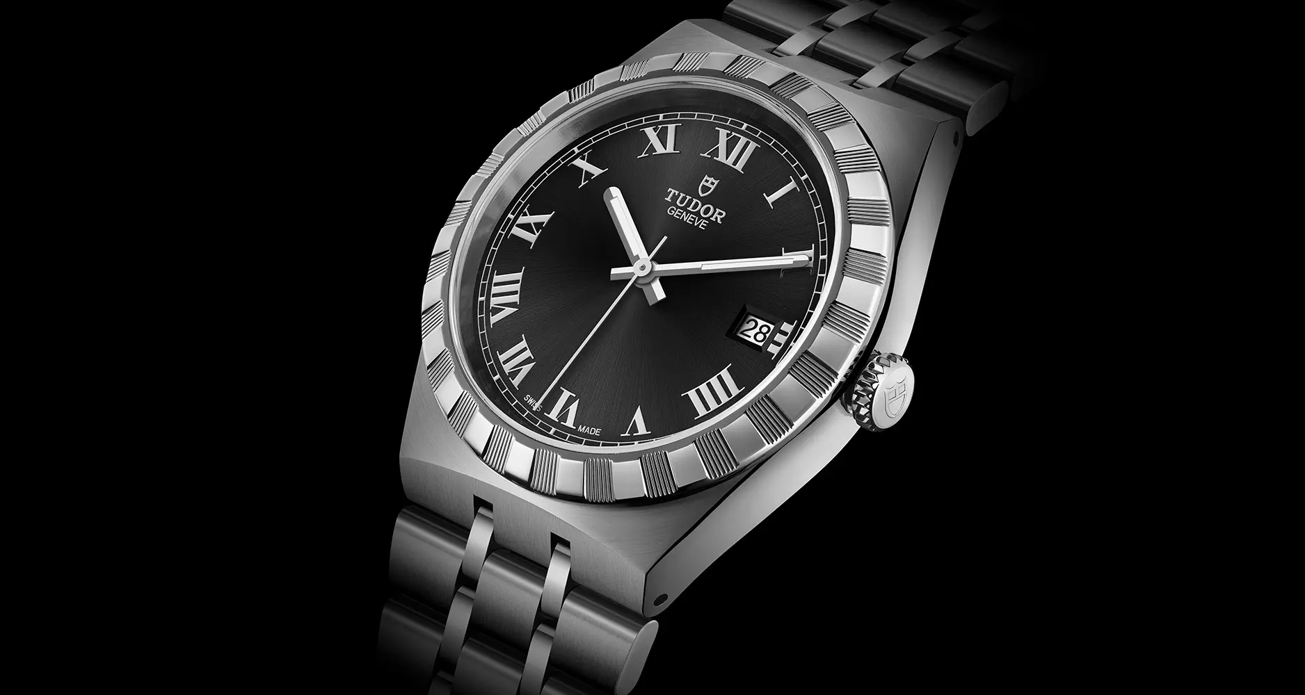 The Tudor Royal 38mm in stainless steel case and bracelet with black dial.