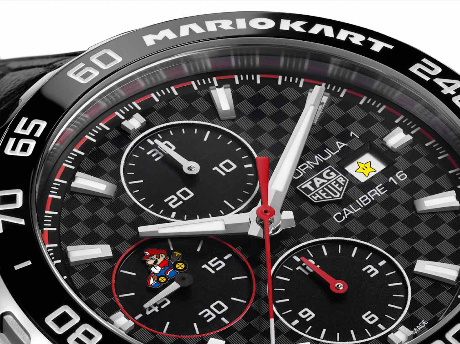 A closeup of the dial of the TAG Heuer Formula 1 Mario Kart Chronograph.