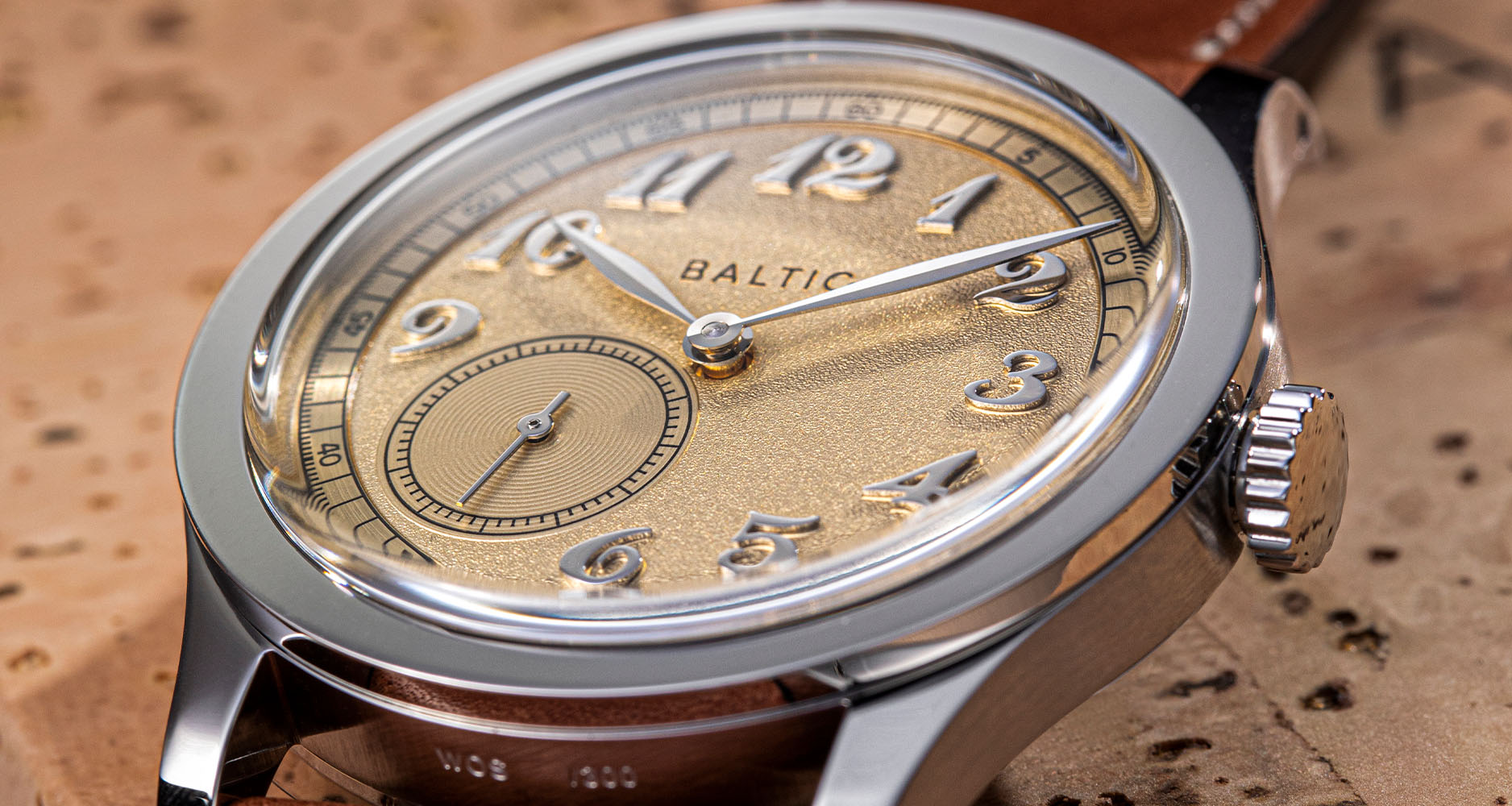A closeup look at the case and dial of the Baltic MR01 for Watches of Switzerland.