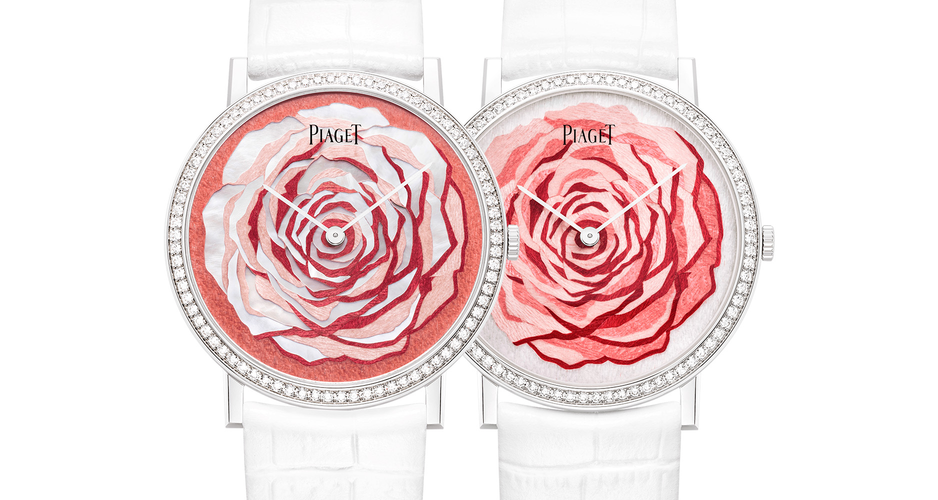 The Piaget Altiplano Rose features wood marquetry on the dial, with rose hues and a pink mother-of-pearl dial (left).