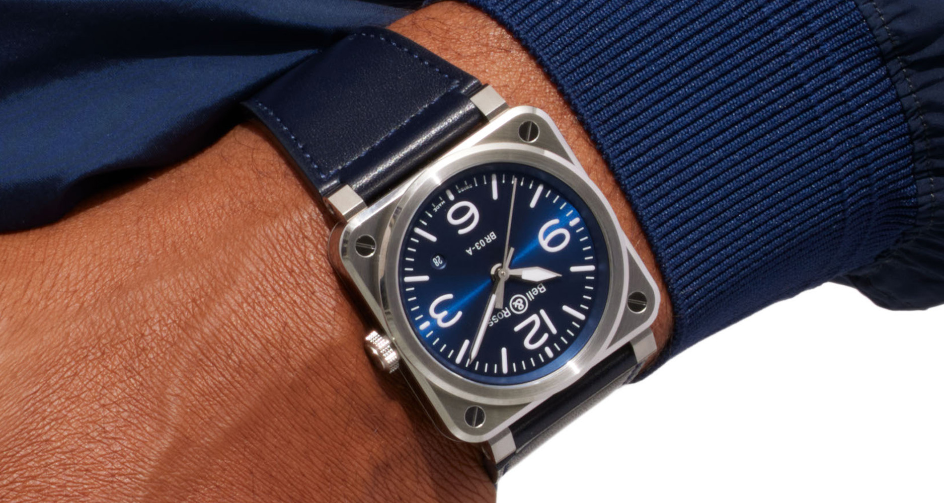 The Bell & Ross BR 03-A in stainless steel case with blue sunray dial.