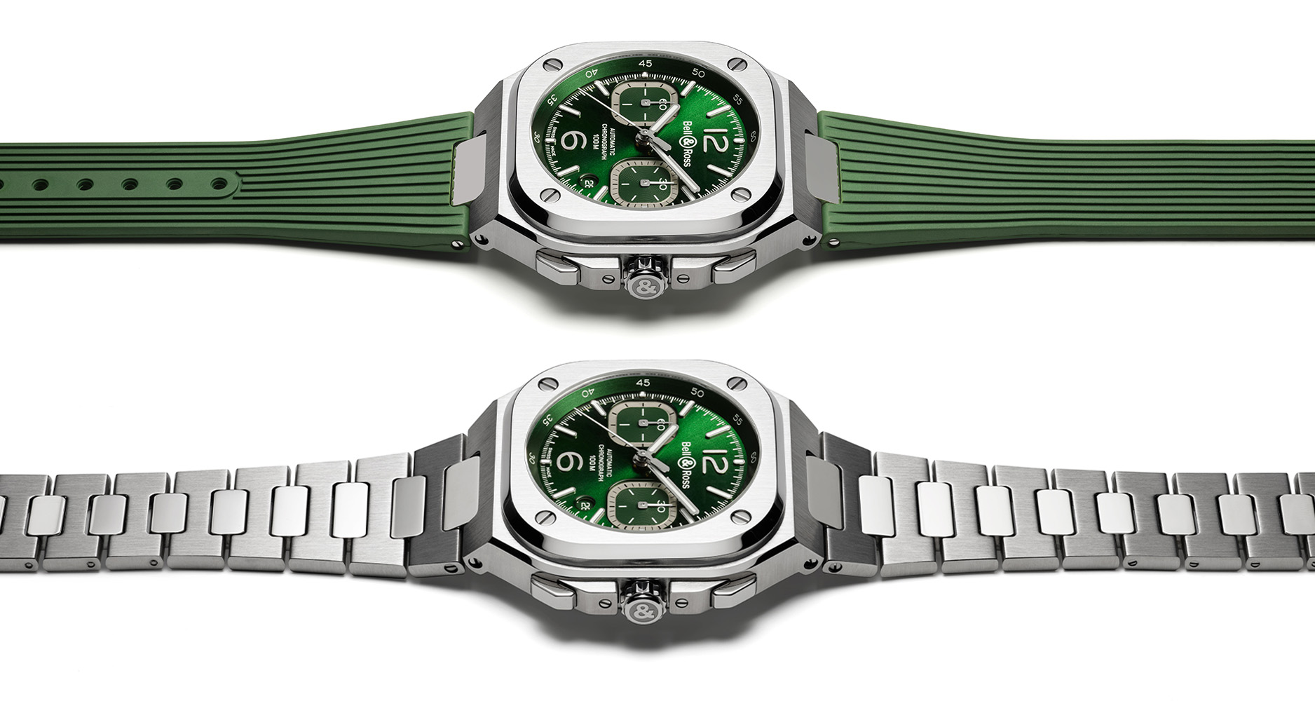 The Bell & Ross BR 05 Chrono Green Steel comes with a matching rubber strap or steel bracelet.