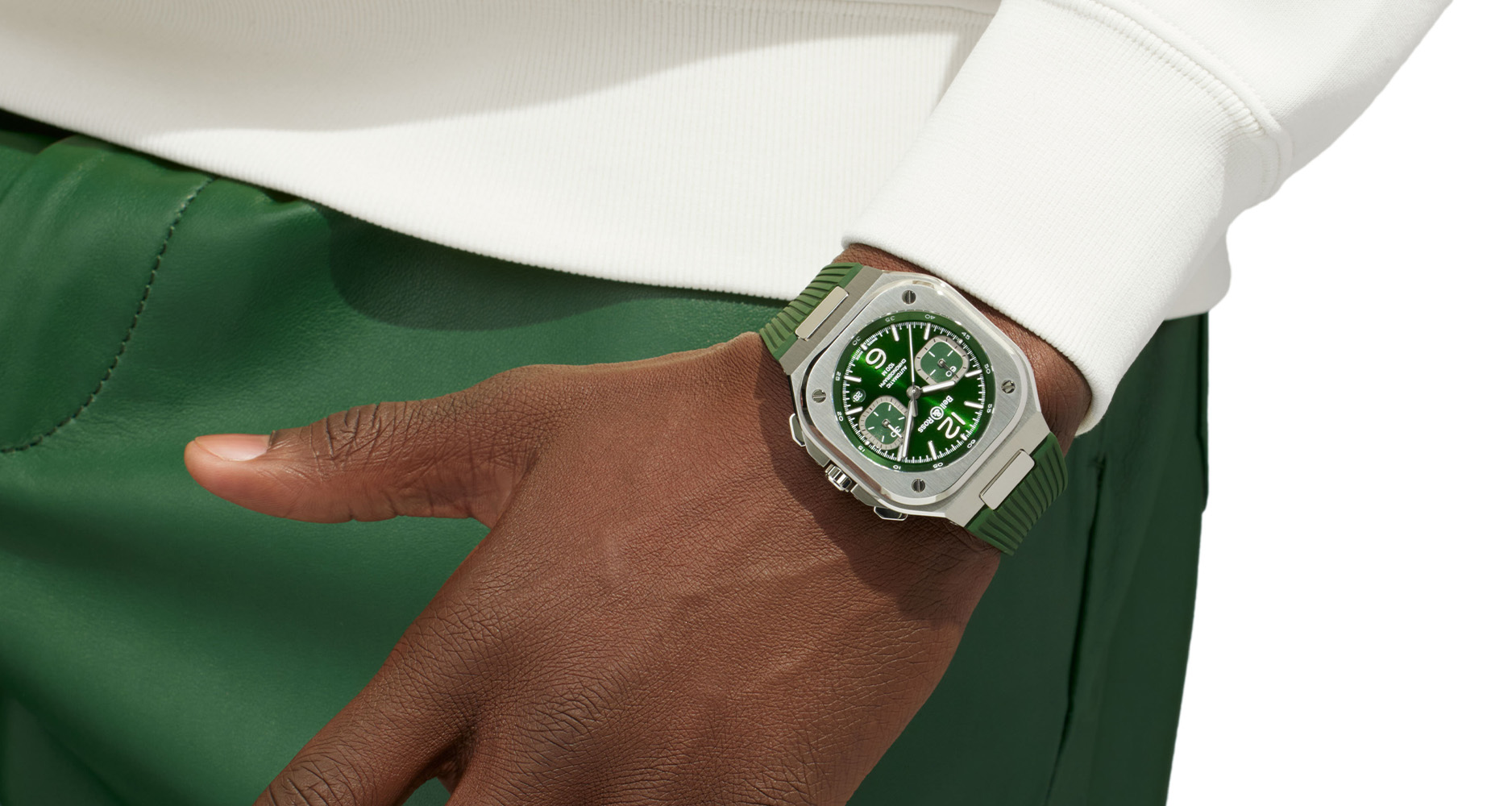 Seen on the wrist in the Bell & Ross BR 05 Chrono Green Steel with bracelet.