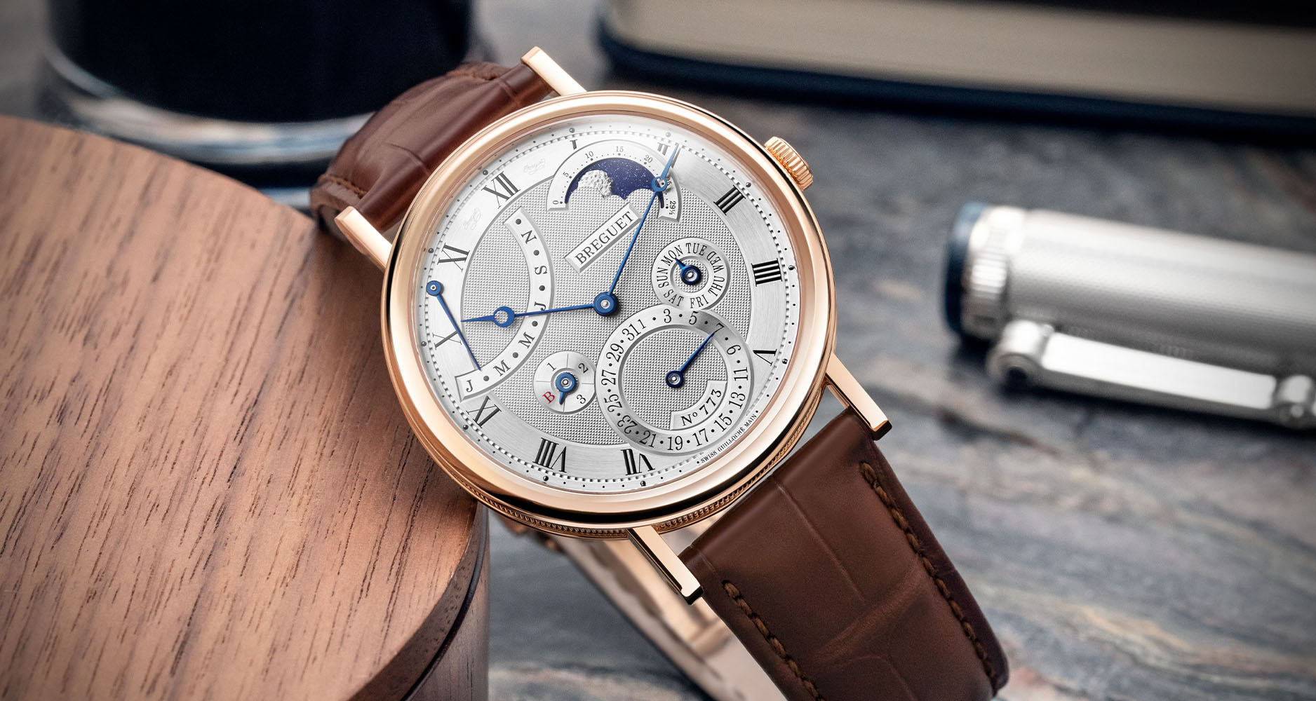 The Breguet Classique Quantième Perpétuel Ref. 7327 in rose gold.