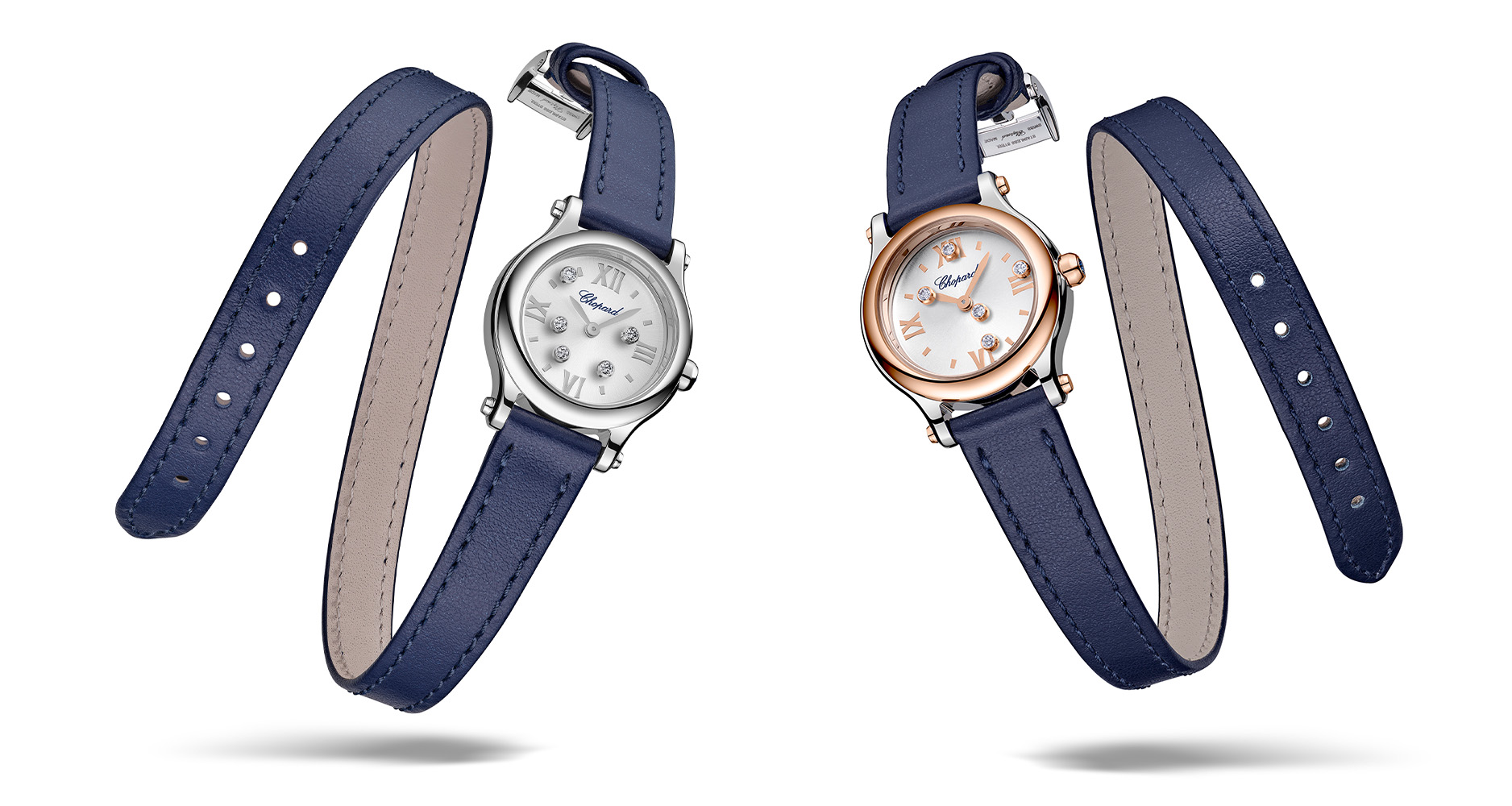 The Chopard Happy Sport 25mm in steel and steel-and-gold, with double tour straps.