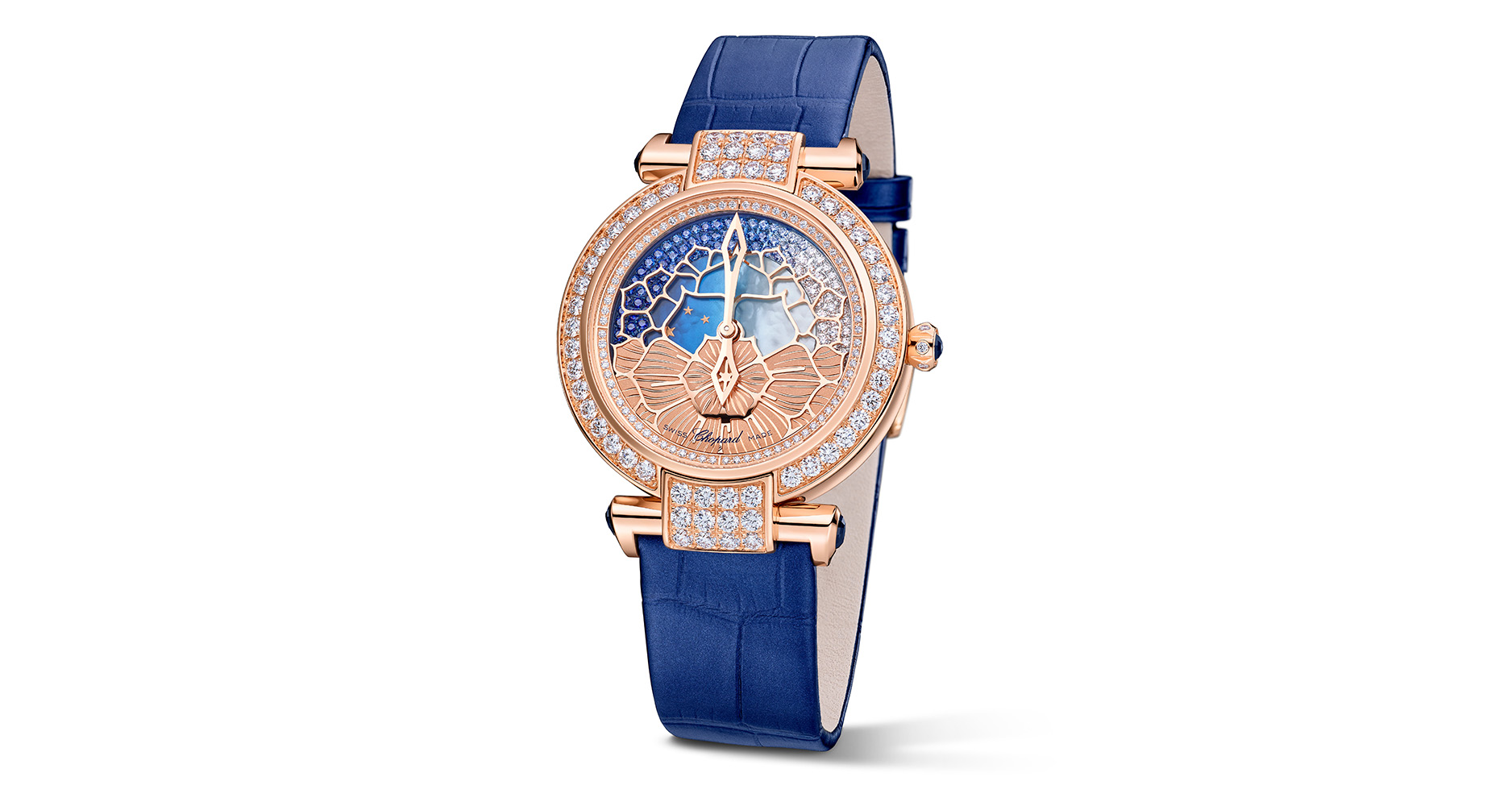 A limited edition Chopard Imperiale watch features a day-and-night complication with a rotating dial.