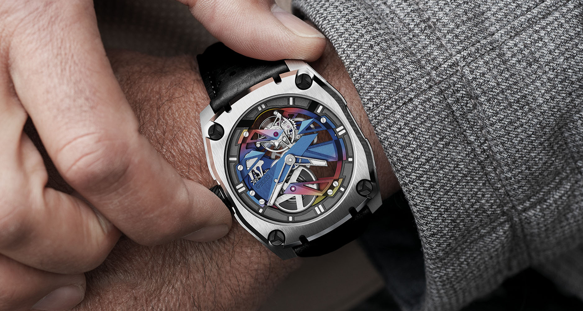 The rainbow edition of the CODE41 T360 Tourbillon timepiece.