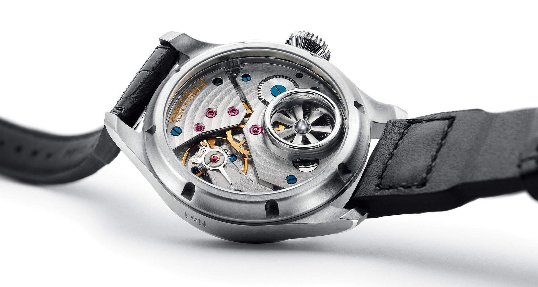 The hand-wound IWC Calibre 82905 can be viewed from the caseback of the Big Pilot's Watch 43 Tourbillon Markus Bühler.