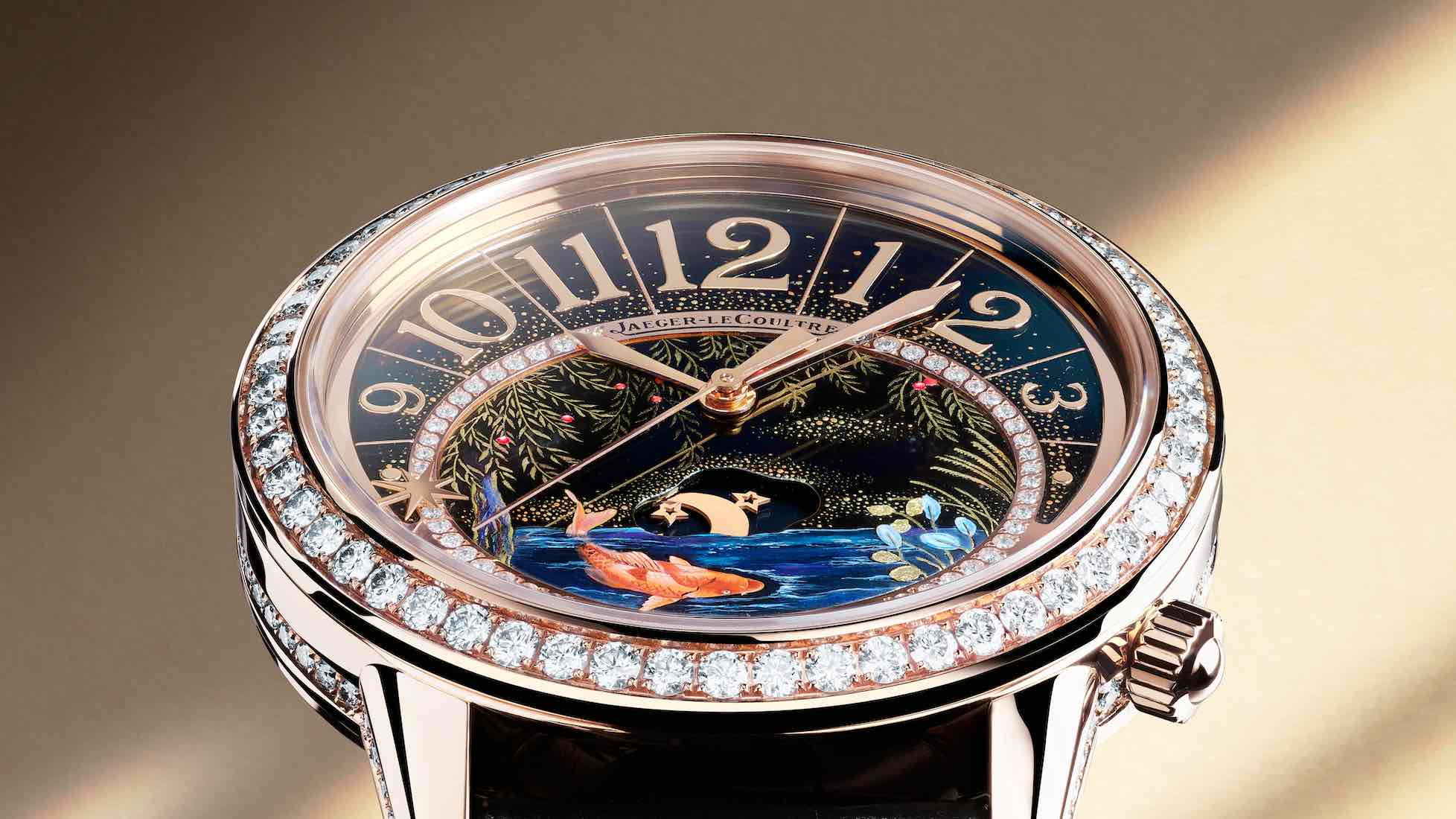 The Jaeger-LeCoultre Rendez-Vous Sonatina 'Peaceful Nature' - Koi model has a miniature painting of the koi fish swimming in a rippling pond, with willow branches over it. 