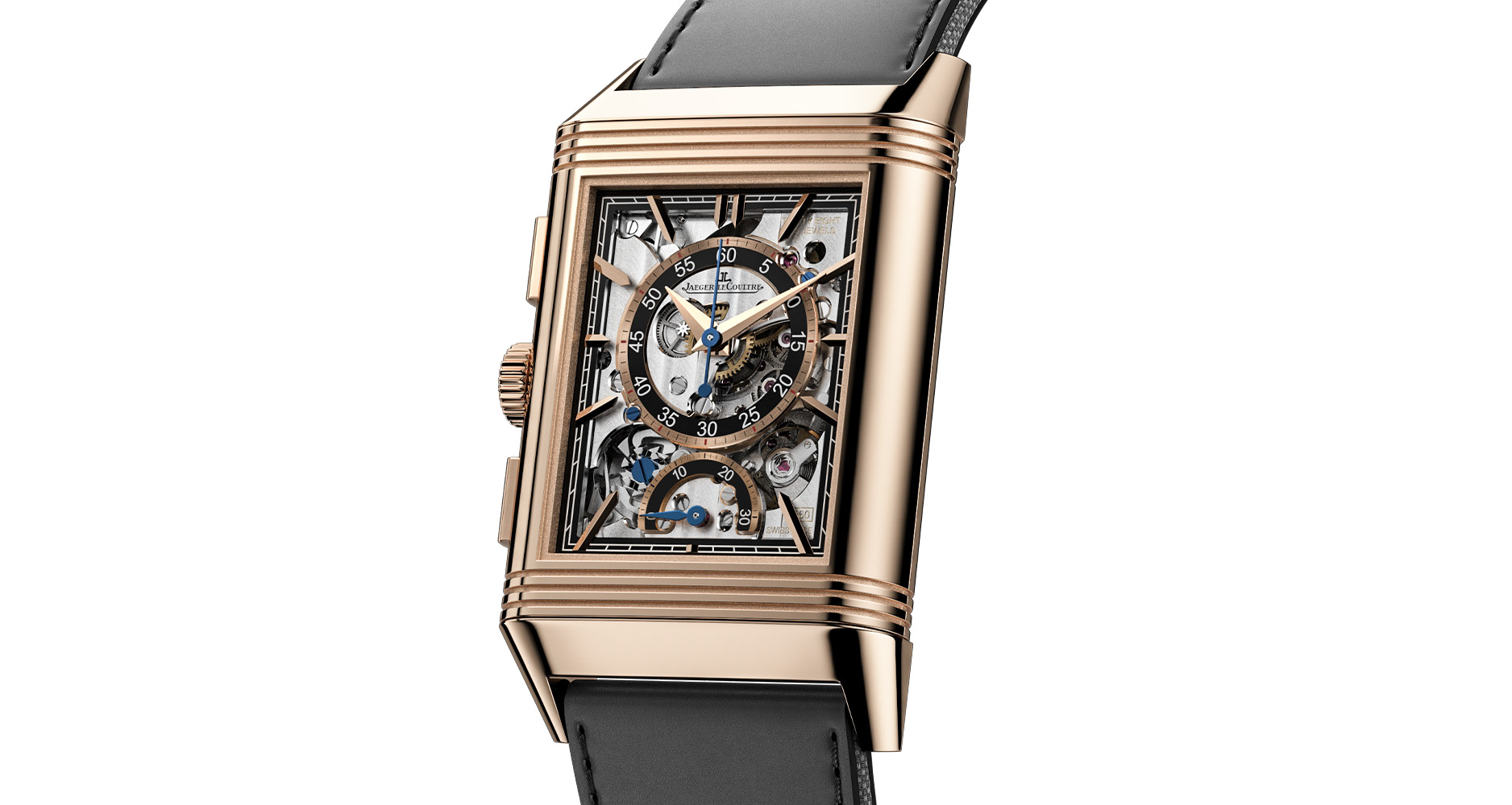 The reverse dial of the Jaeger-LeCoultre Reverso Tribute Chronograph reveals a radically bold chronograph design.