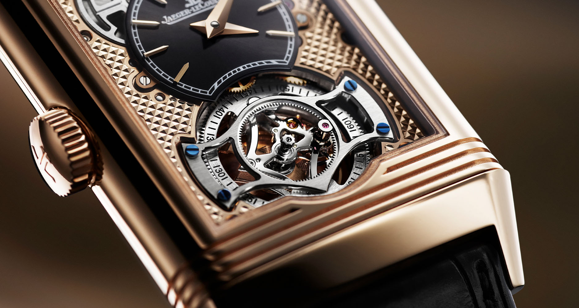 A closeup look at the dial and tourbillon of the Jaeger-LeCoultre Reverso Tribute Duoface Chronograph reveals a stunning guillochéd dial and hand-finished details.