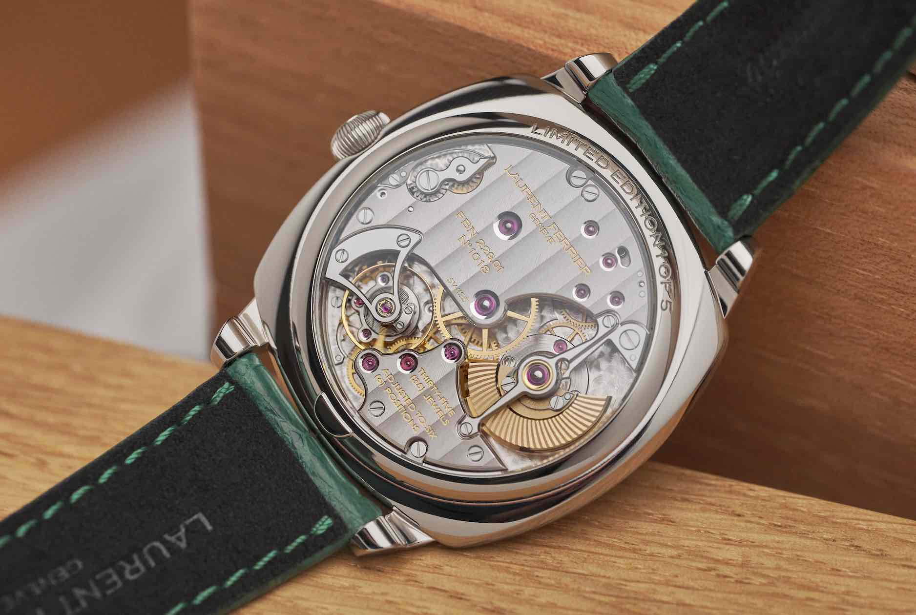 The Laurent Ferrier Square Micro-Rotor SHH Limited Edition, viewed from the back. The Laurent Ferrier Square Micro-Rotor SHH Limited Edition, viewed from the back.