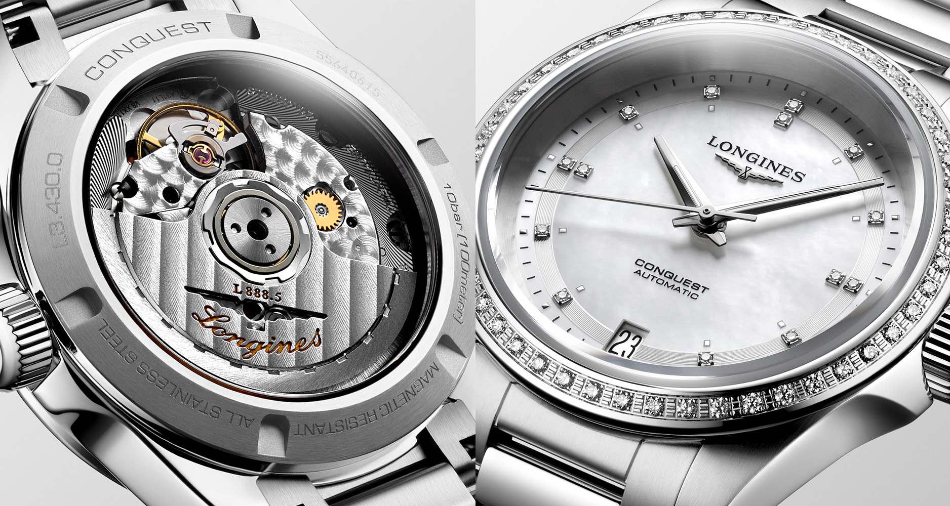 A closeup of the dial and movement of the Longines Conquest Automatic.
