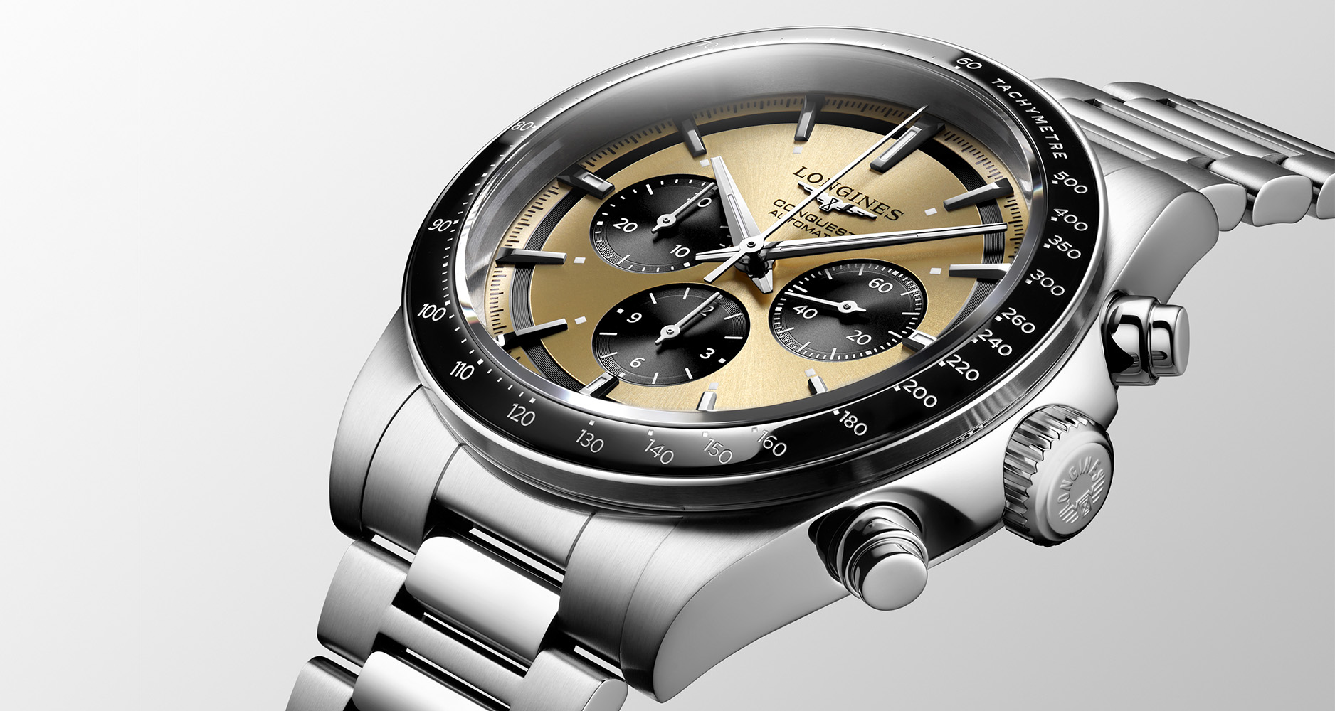 The Longines Conquest Chronograph in steel with gold dial.