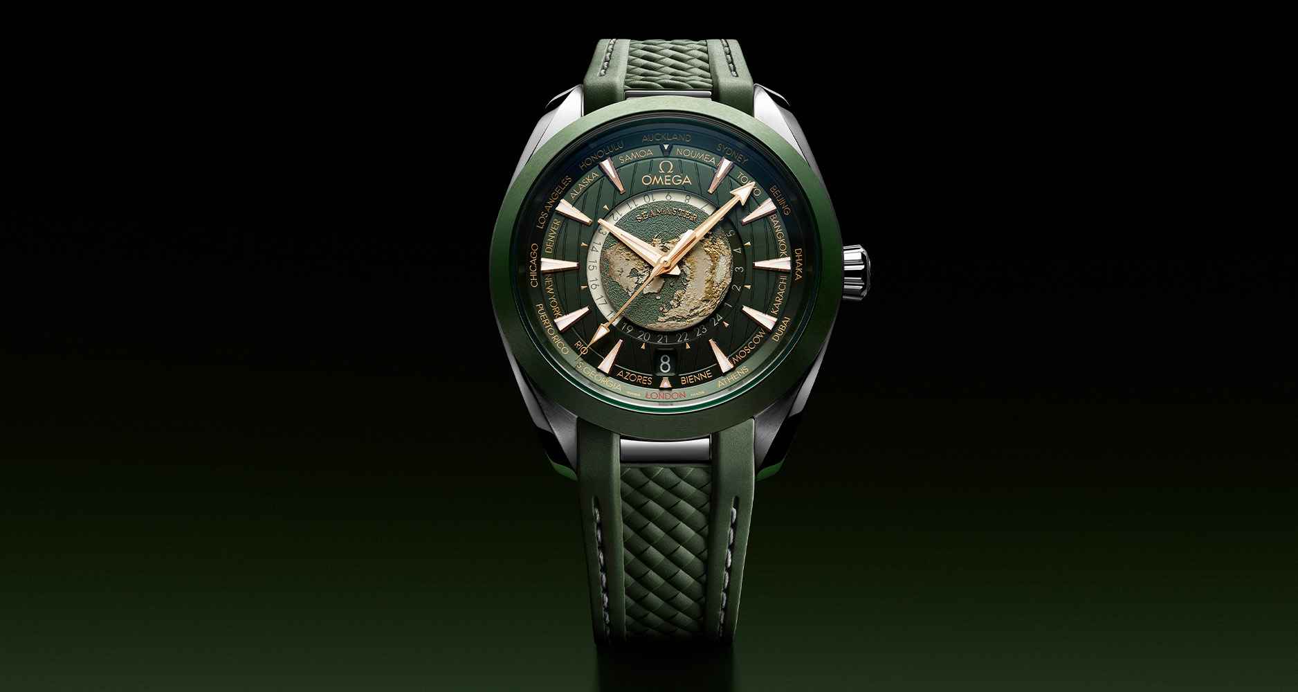 The Omega Seamaster Aqua Terra Worldtimer in stainless steel with green ceramic bezel, dial and rubber strap.