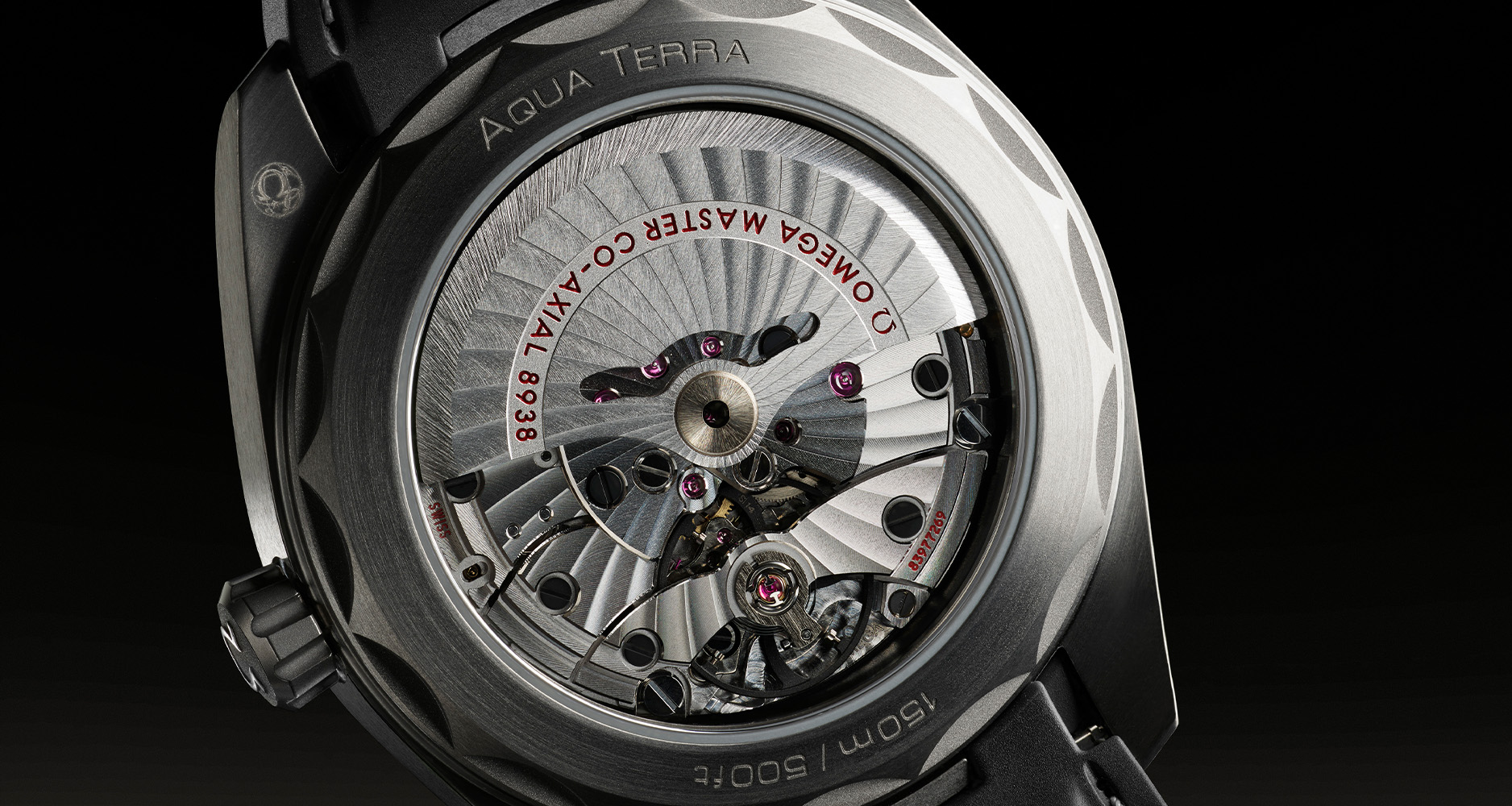 The Omega Master Chronometer Calibre 8938 can be seen through the exhibition caseback of the Seamaster Aqua Terra Worldtimer.