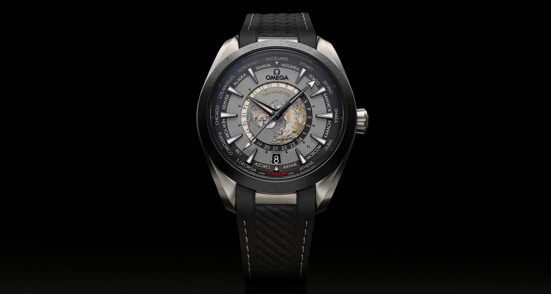 The Omega Seamaster Aqua Terra Worldtimer in grade 2 titanium case, black ceramic bezel and rubber strap.