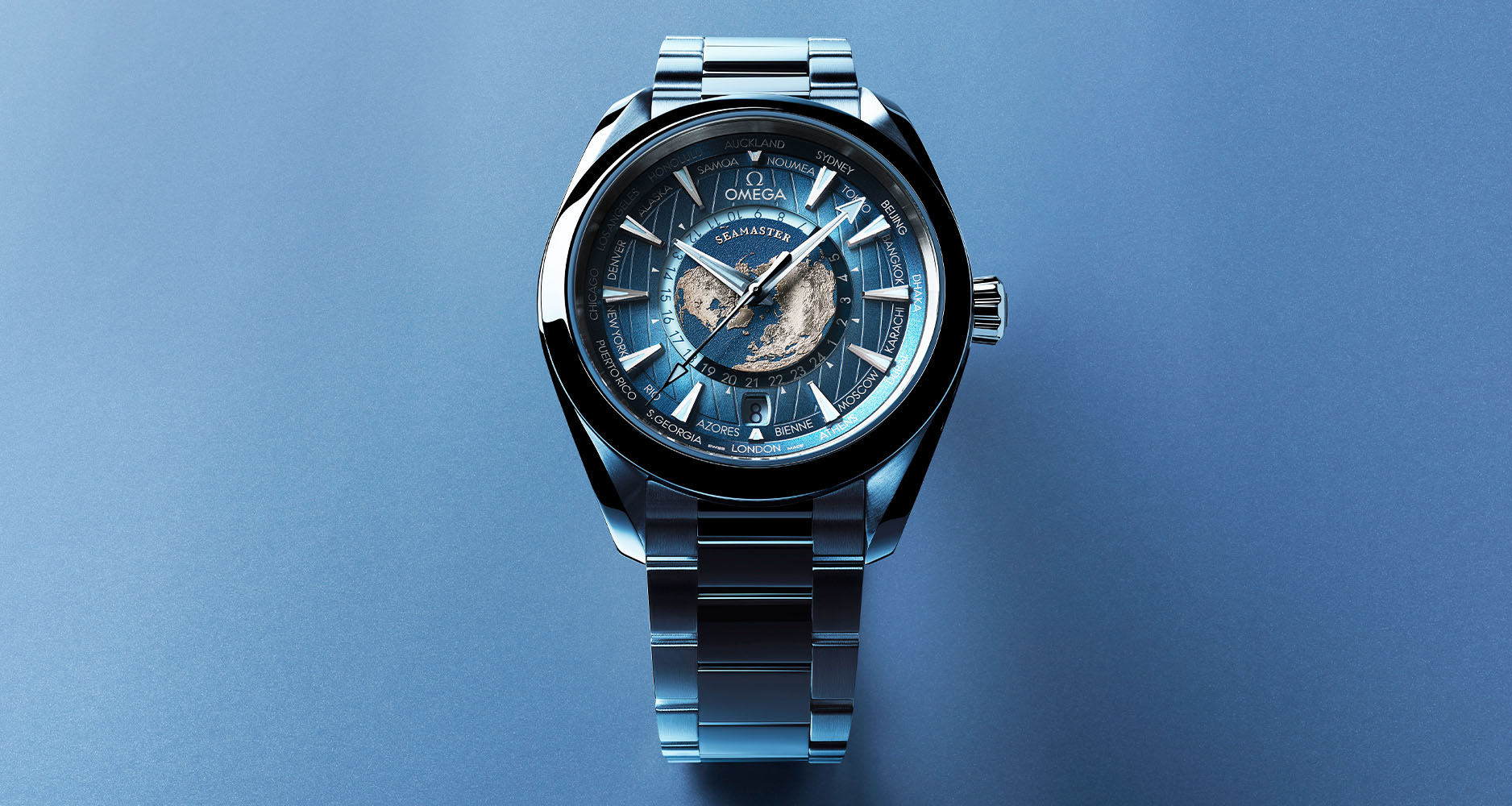 The Omega Seamaster Aqua Terra Worldtimer in Summer Blue dial.