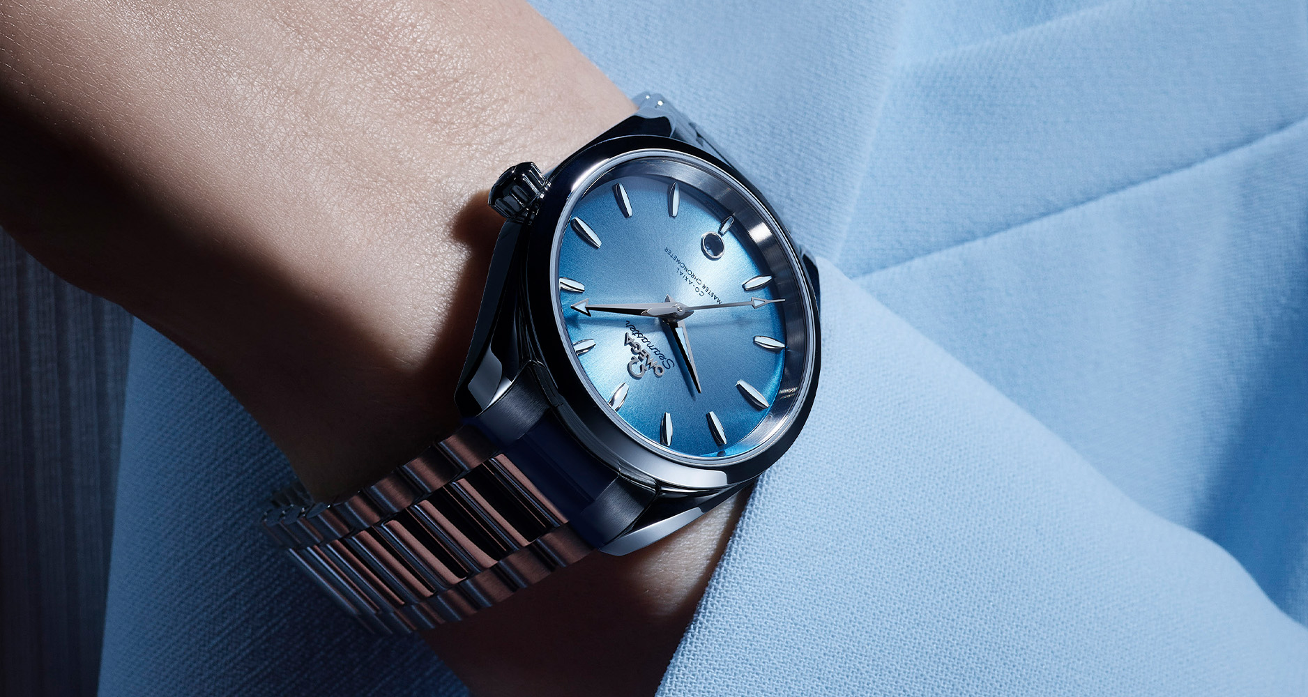 The Omega Seamaster Aqua Terra 150M in steel with Summer Blue dial.