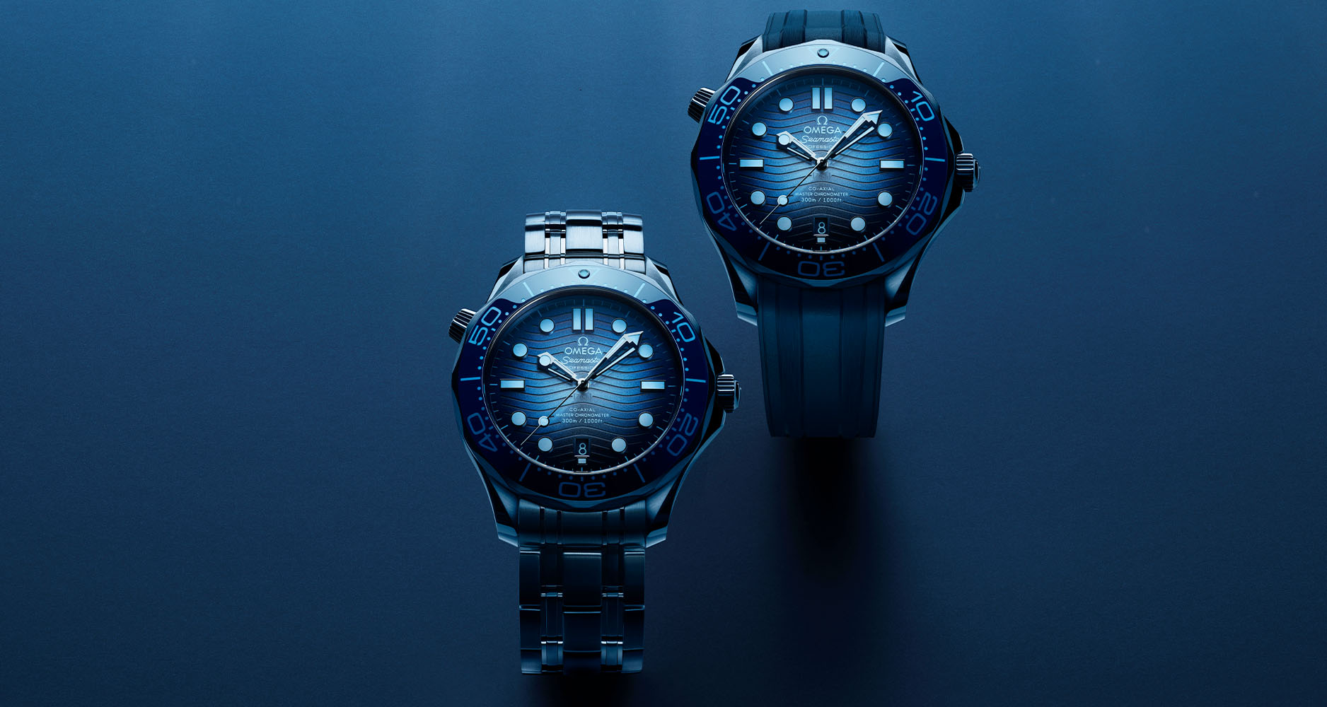 The Omega Seamaster Diver 300M with stainless steel case and bracelet, as well as rubber strap.