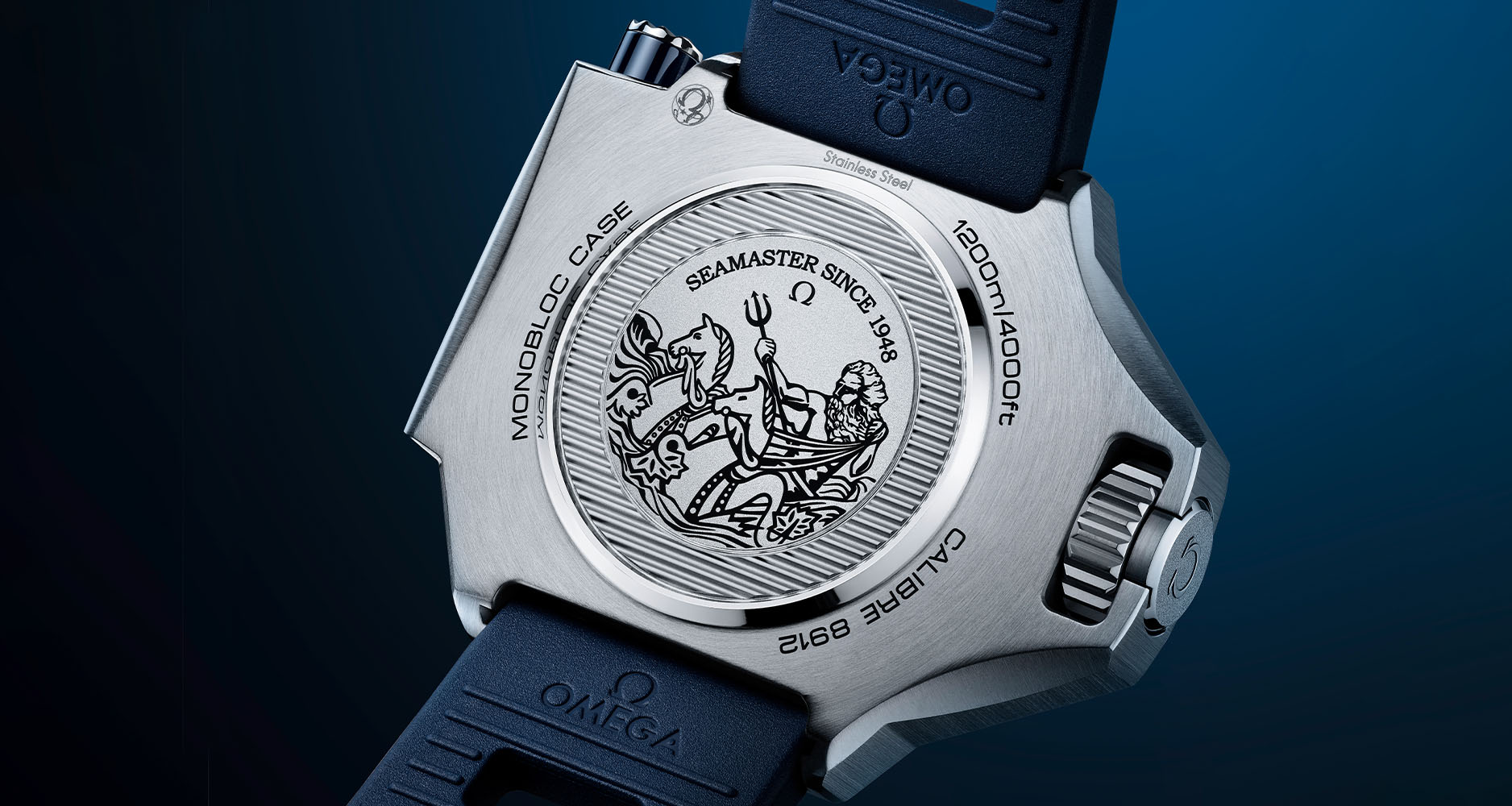 The caseback of the Omega Seamaster Ploprof reveals the engraving of the god Poseidon and seahorse-led chariot.