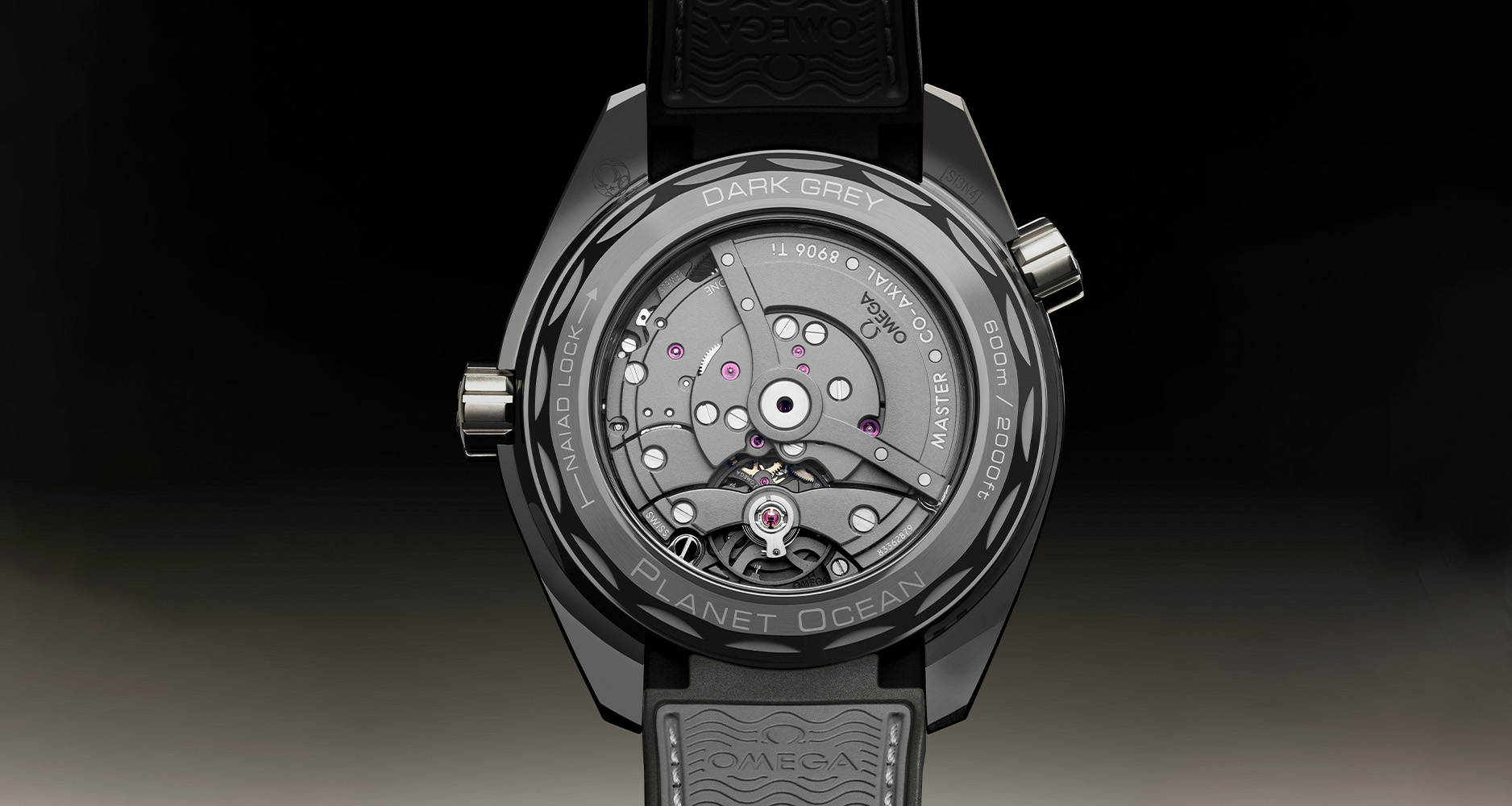 The caseback of the Omega Seamaster Planet Ocean GMT 'Dark Grey' has a monochromatic look that's just right.