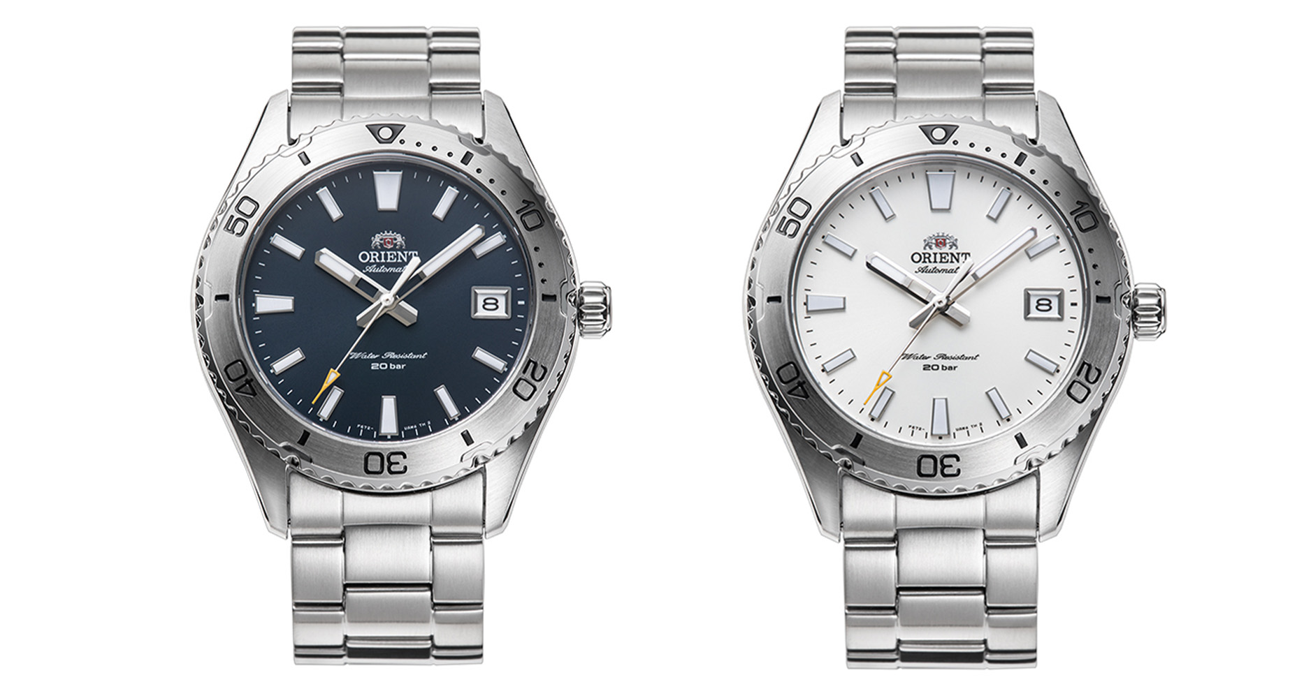 The Orient Mako 40 in steel case and bracelet, with blue or white dials.