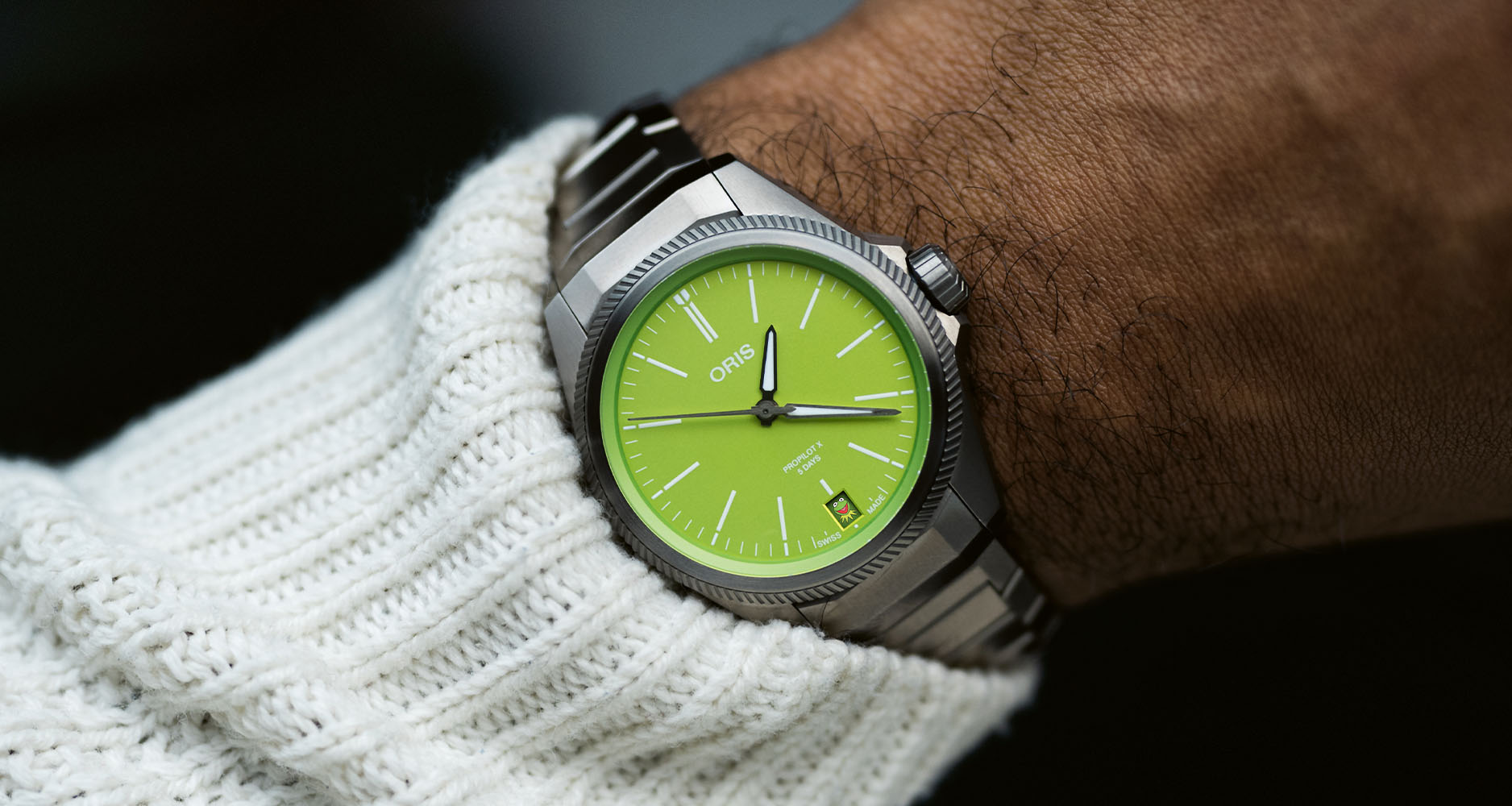 The Oris ProPilot X Kermit Edition features a Kermit day on the first of each month.