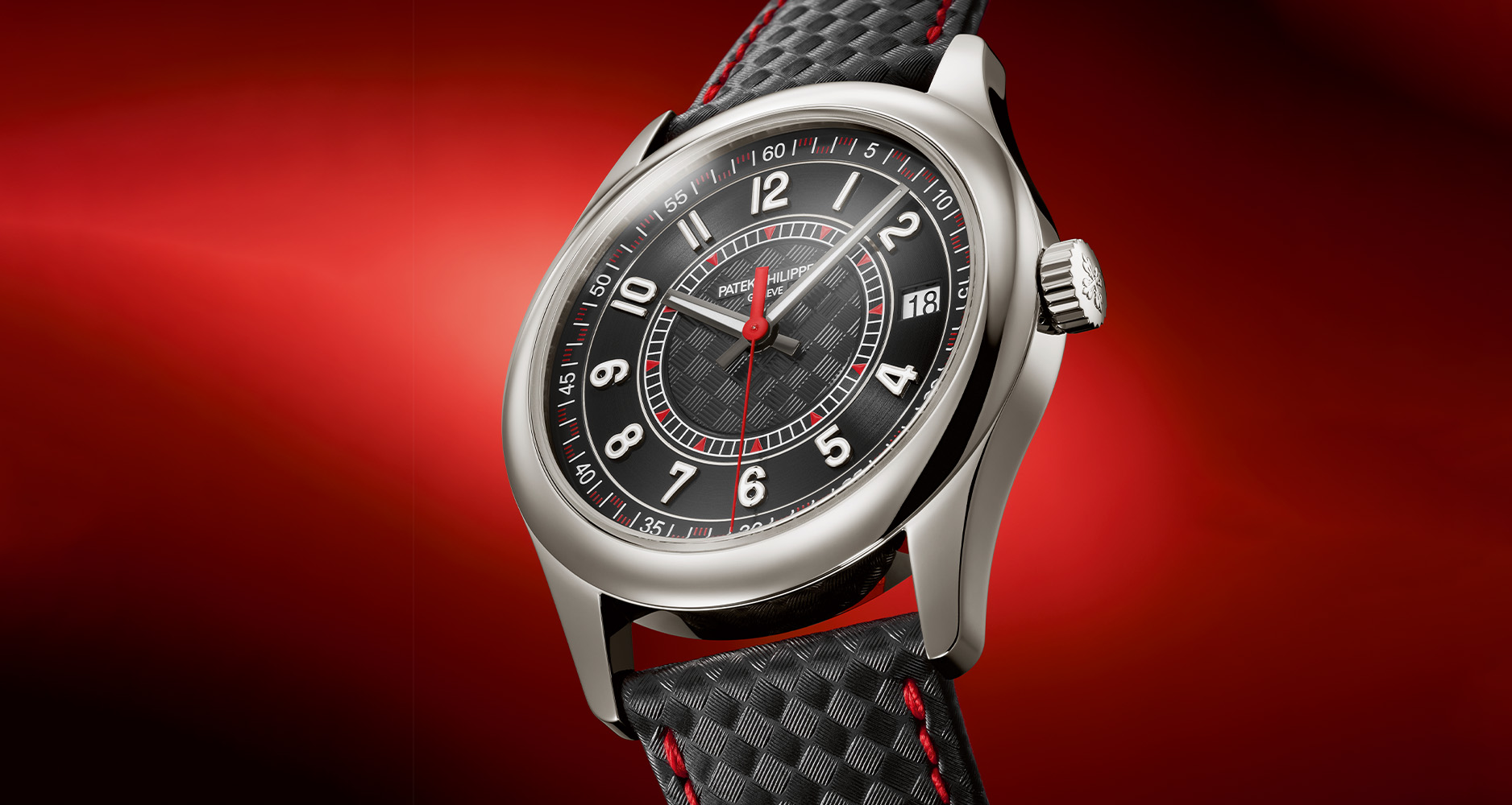 The Patek Philippe Calatrava Ref. 6007G-010 in white gold with ebony black dial and red accents.