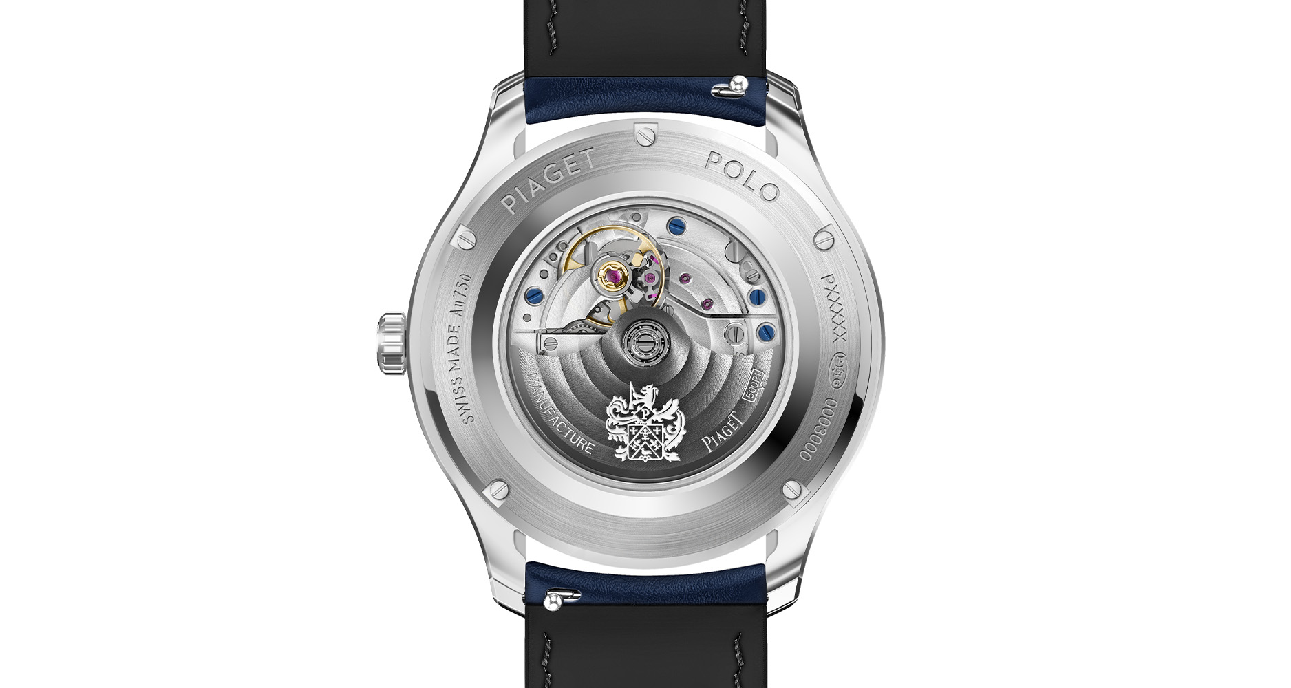 The exhibition caseback of the Piaget Polo 36mm Date reveals the 500P1 manufacture calibre.