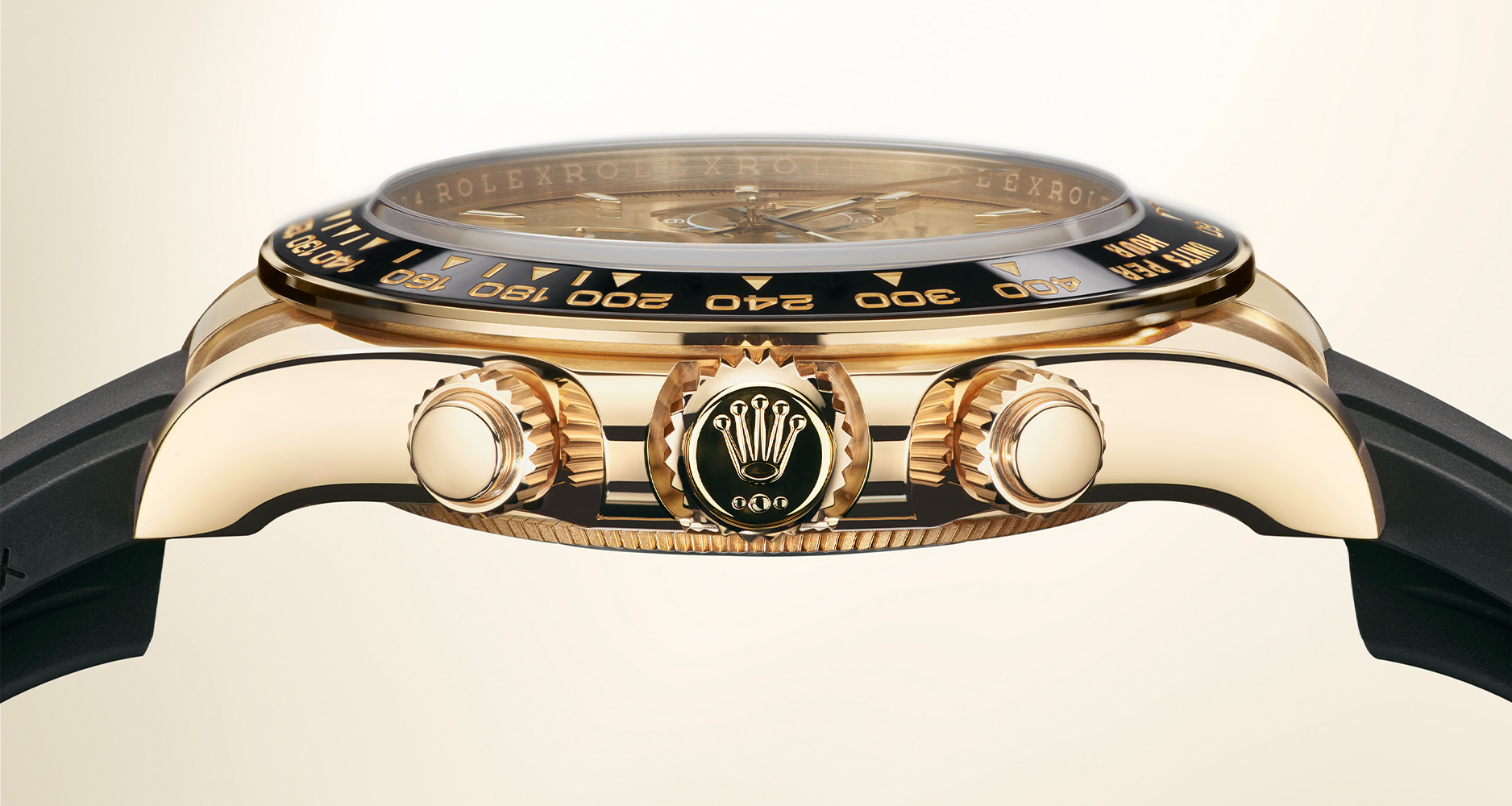 The profile view of the new Rolex Cosmograph Daytona in yellow gold.