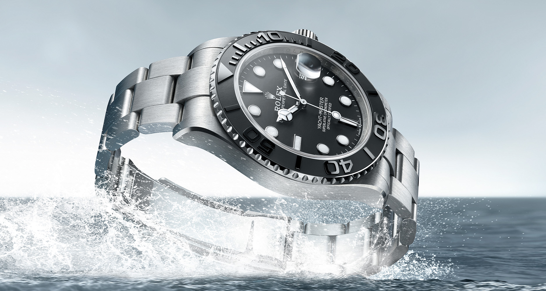 The matte black Cerachrom bezel on the RLX titanium Oyster Perpetual Yacht-Master 42 features raised numerals and gradations in a polished finish.