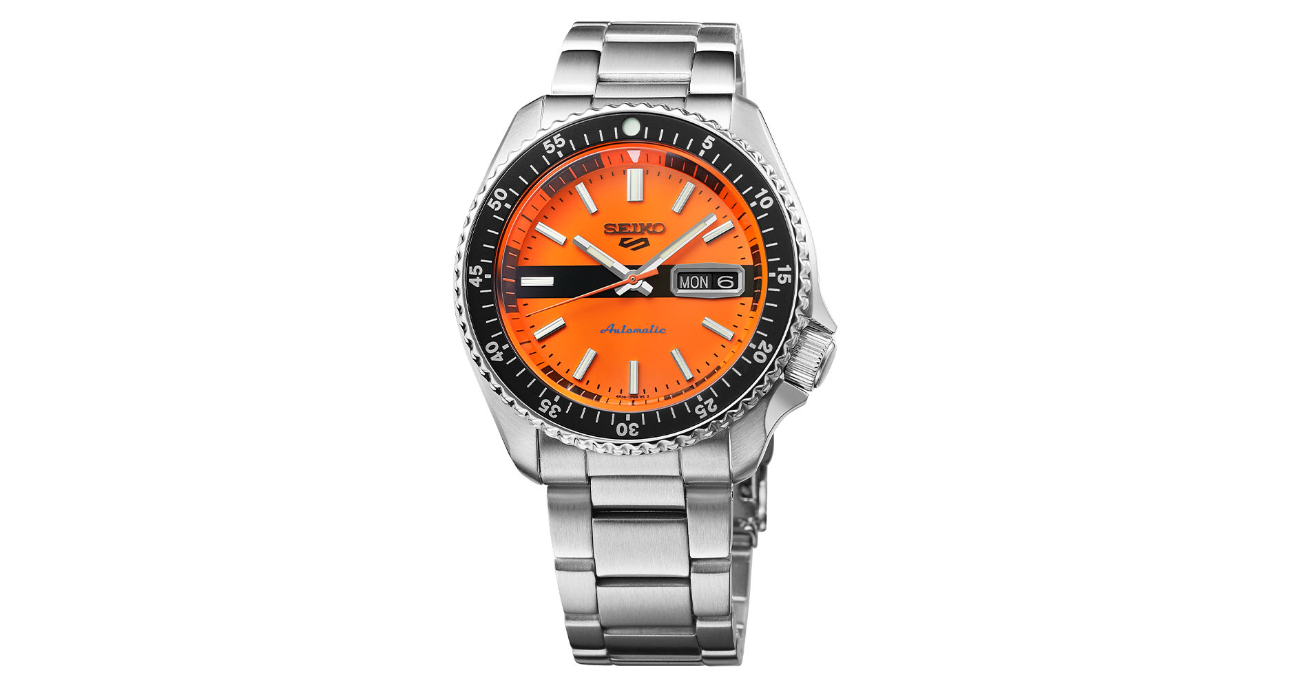 The Seiko 5 Sports SRPK11 with orange and black dial.