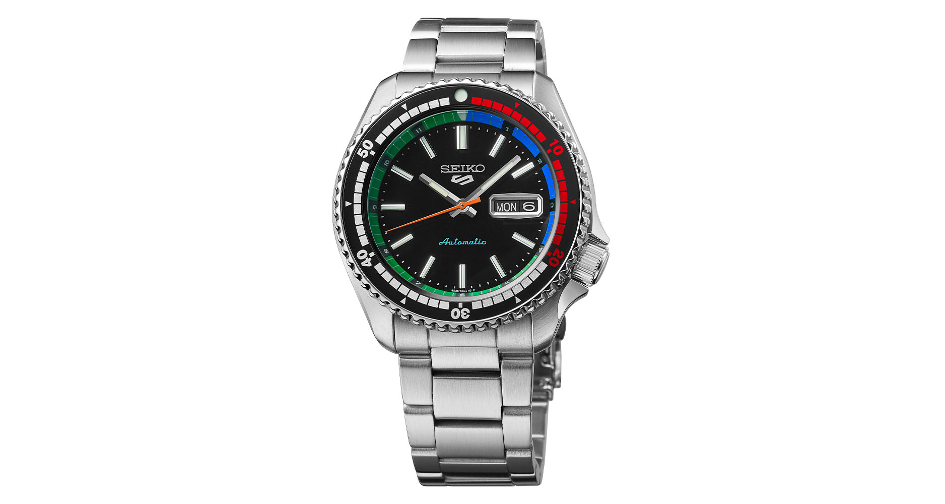 The Seiko 5 Sports SRPK13 features green, red, and blue accents.
