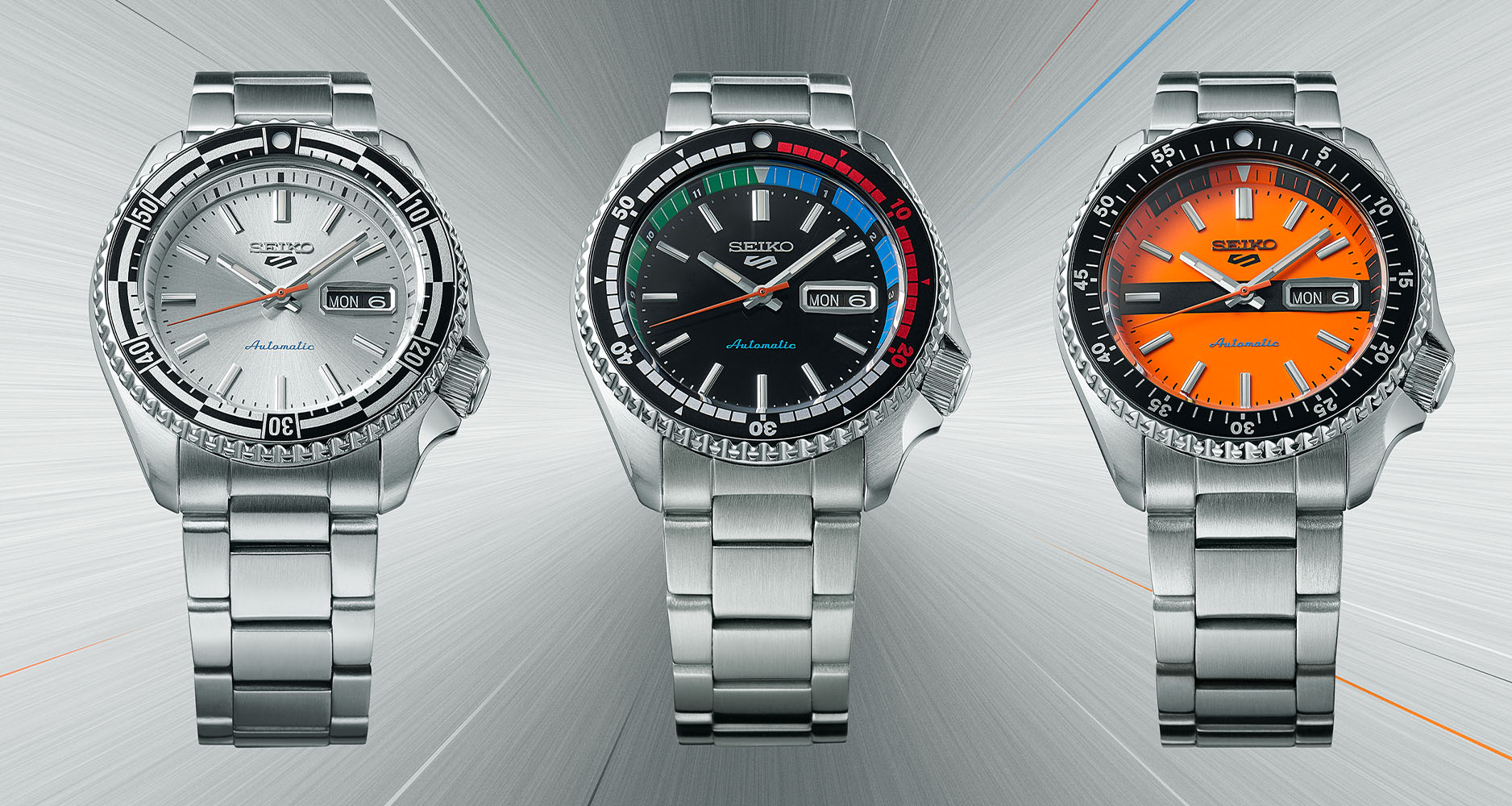 The new Seiko 5 Sports models, SRPK09, SRPK13, and SRPK11.