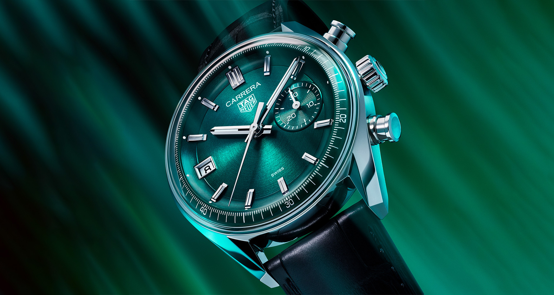 The TAG Heuer Carrera Chronograph in a teal blue dial.