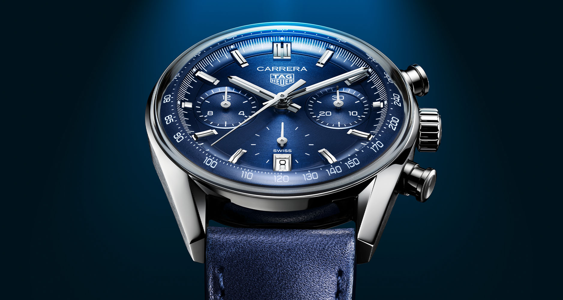 The Carrera Glassbox Chronograph in stainless steel with blue dial.