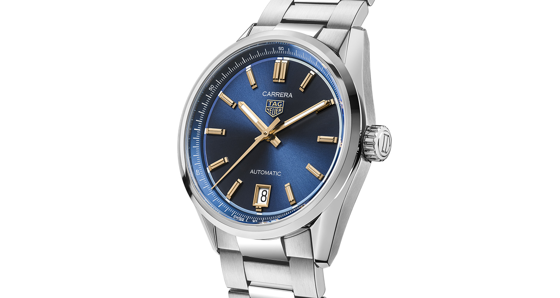 The TAG Heuer Carrera Date 36Mm in stainless steel with blue dial and gold-plated indexes.