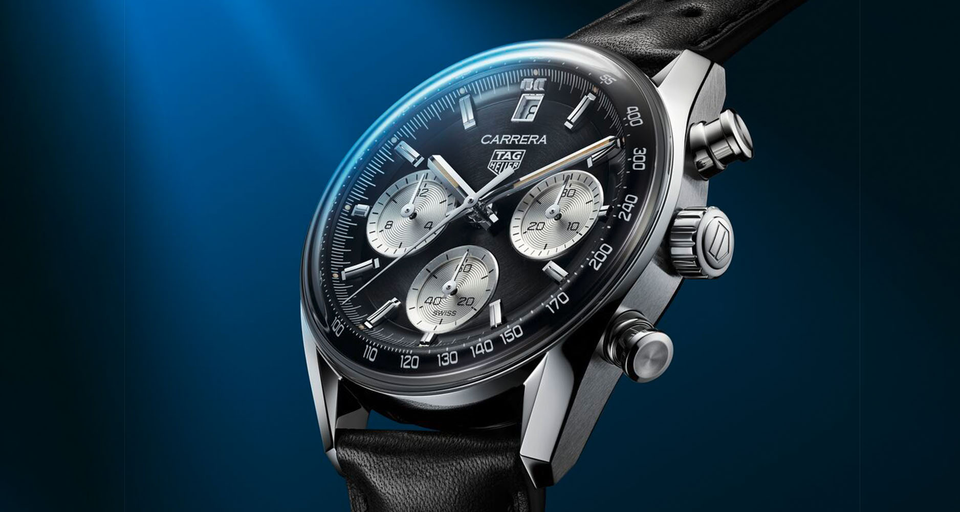 The TAG Heuer Carrera Glassbox Chronograph in black dial with date window at 12 o'clock.