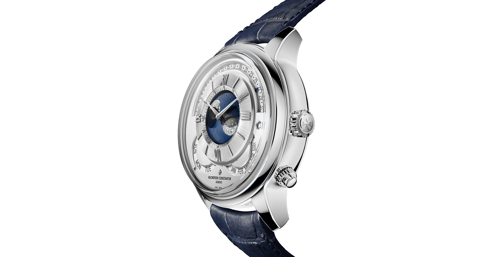 The Vacheron Constantin Dual Moon Grand Complication combines a minute repeater, perpetual calendar, and double moonphase on the front of the watch.