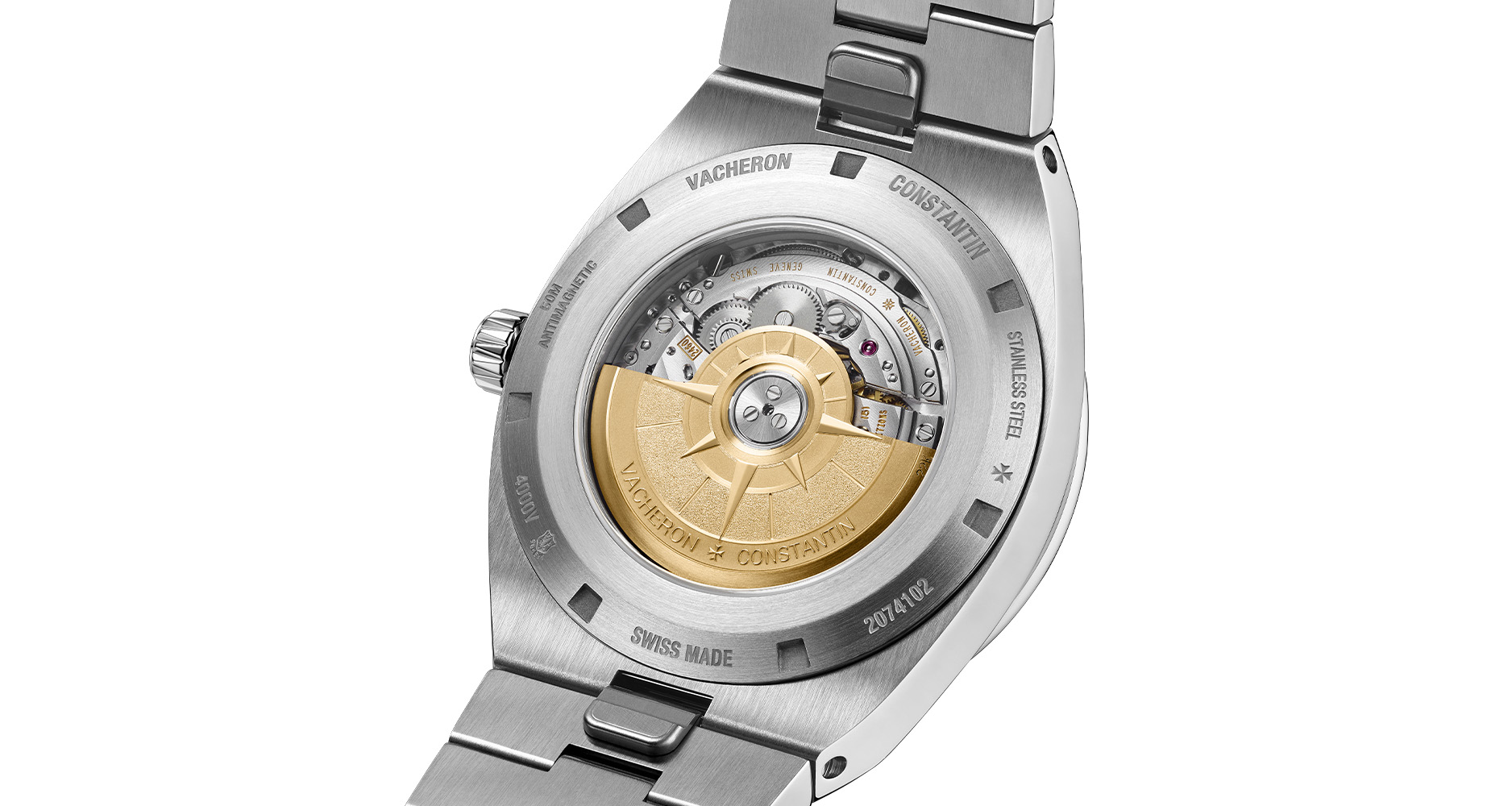 The Vacheron Constantin Calibre 2460 R31L/2 movement can be seen from the back of the Overseas Moon Phase Retrograde Date.
