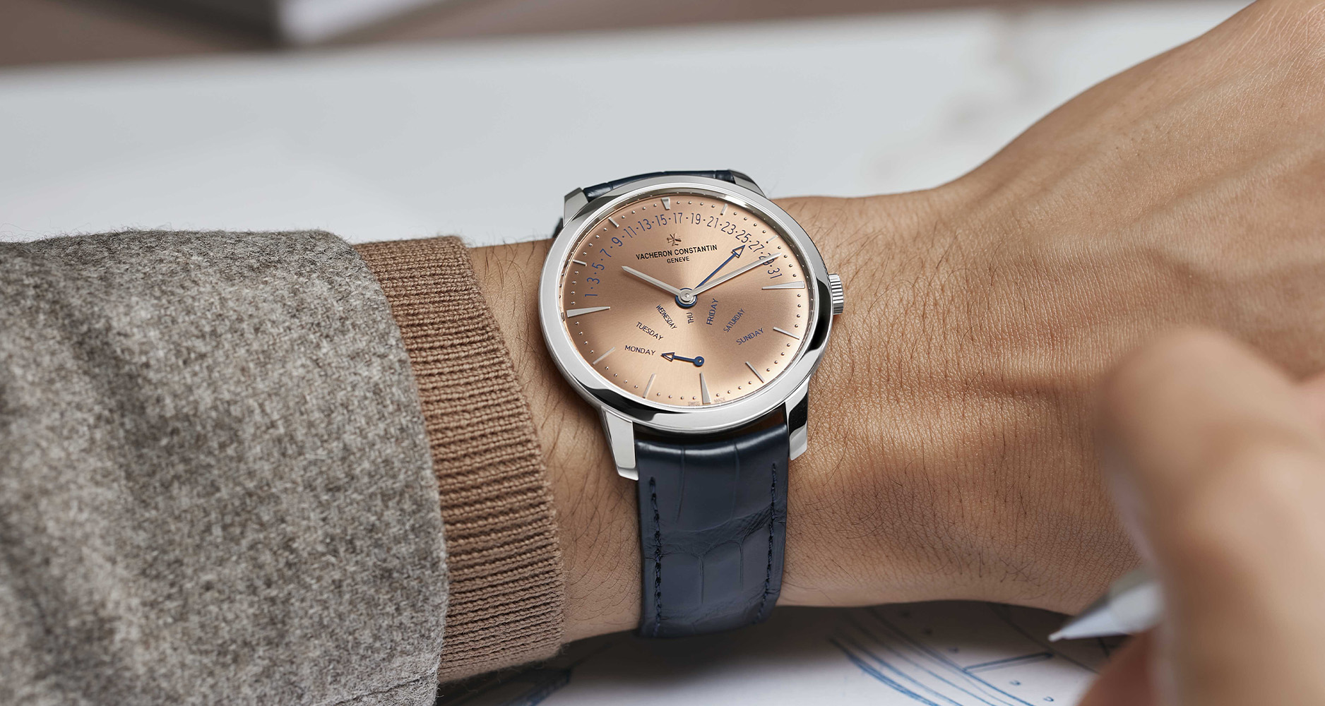 Vacheron Constantin Patrimony Retrograde Day Date in salmon dial.