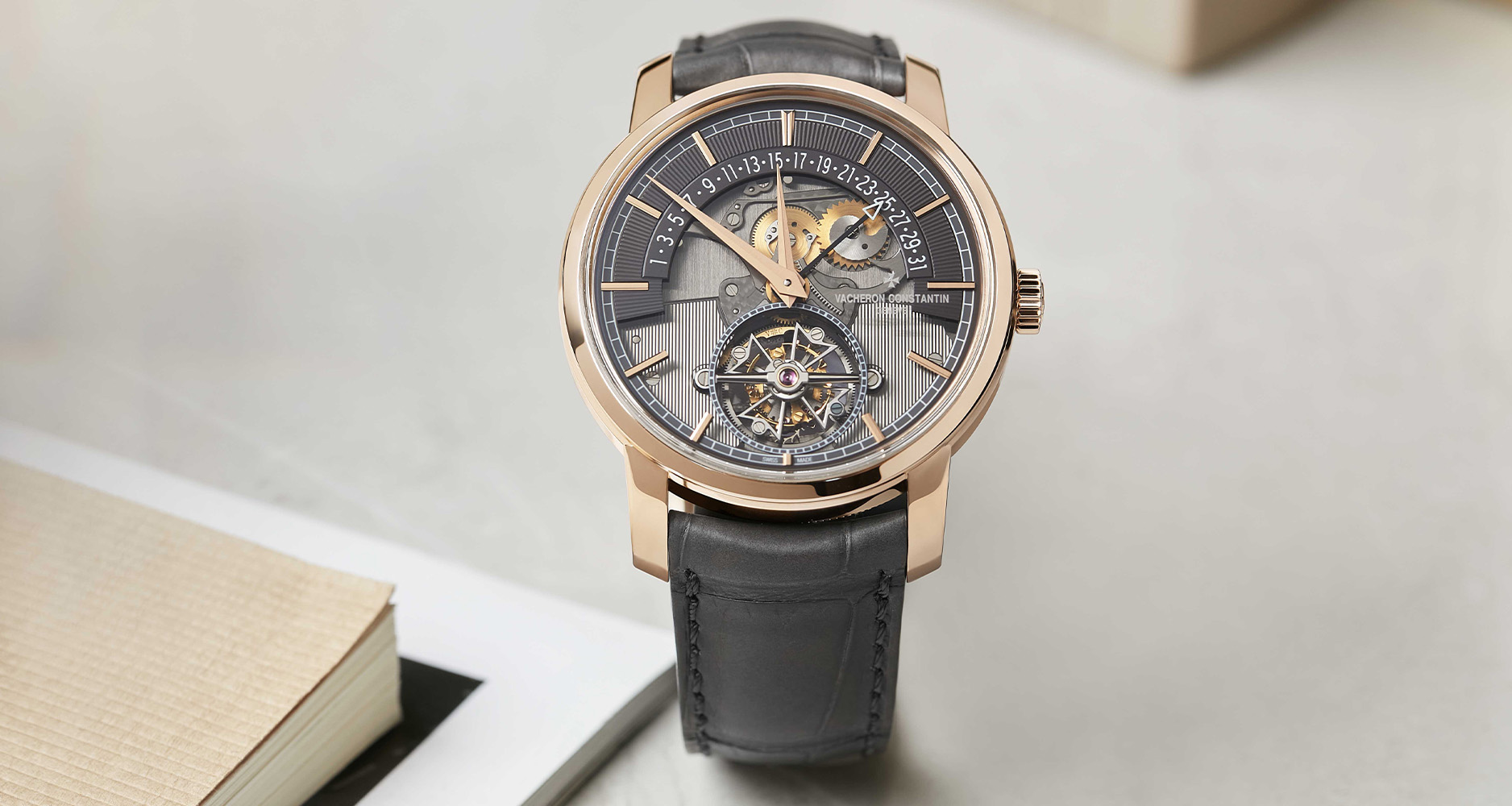 The Vacheron Constantin Traditionnelle Tourbillon Retrograde Date Openface in rose gold.